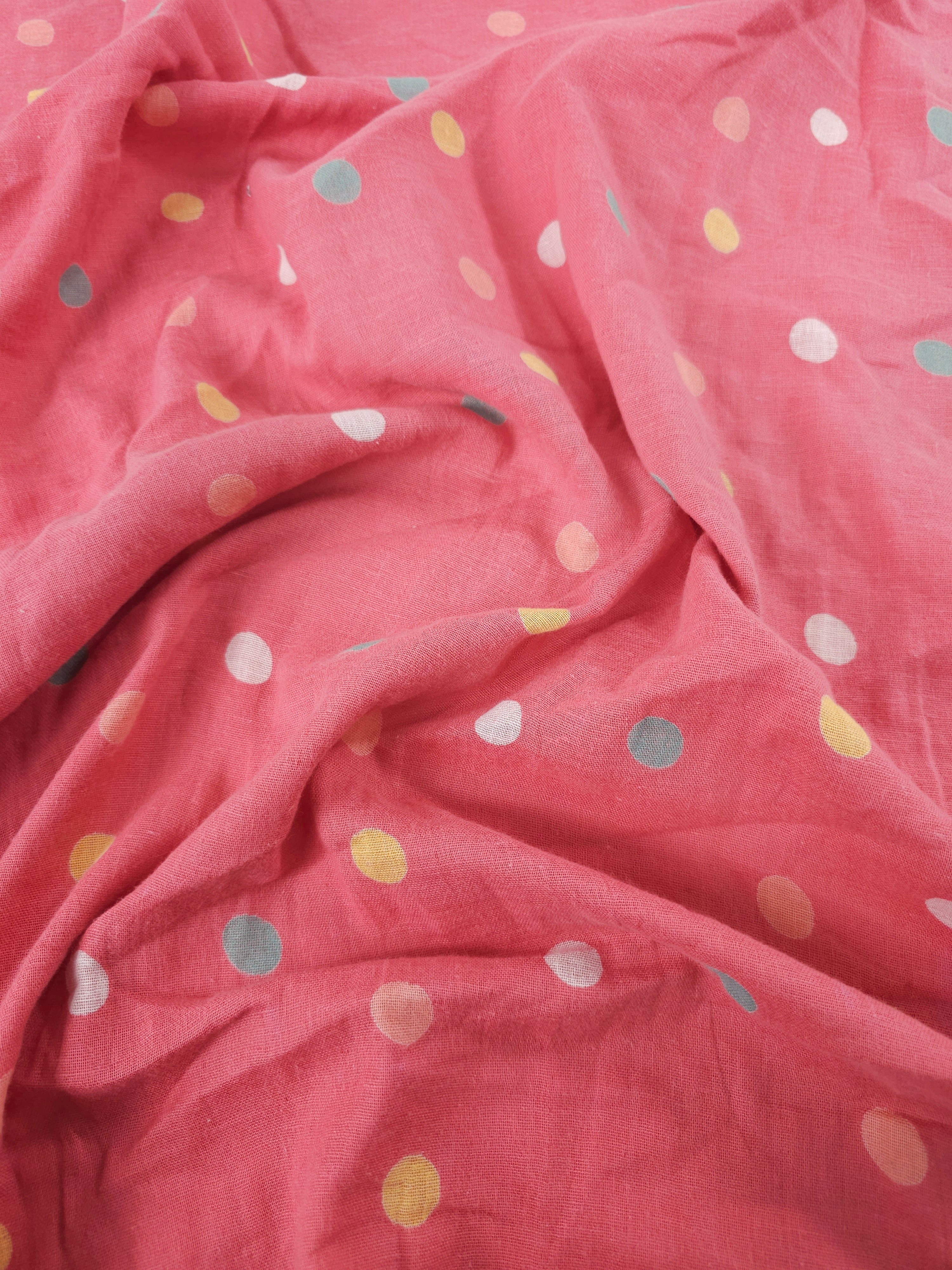 Coral Pink Irregular Multi Polka Double Gauze