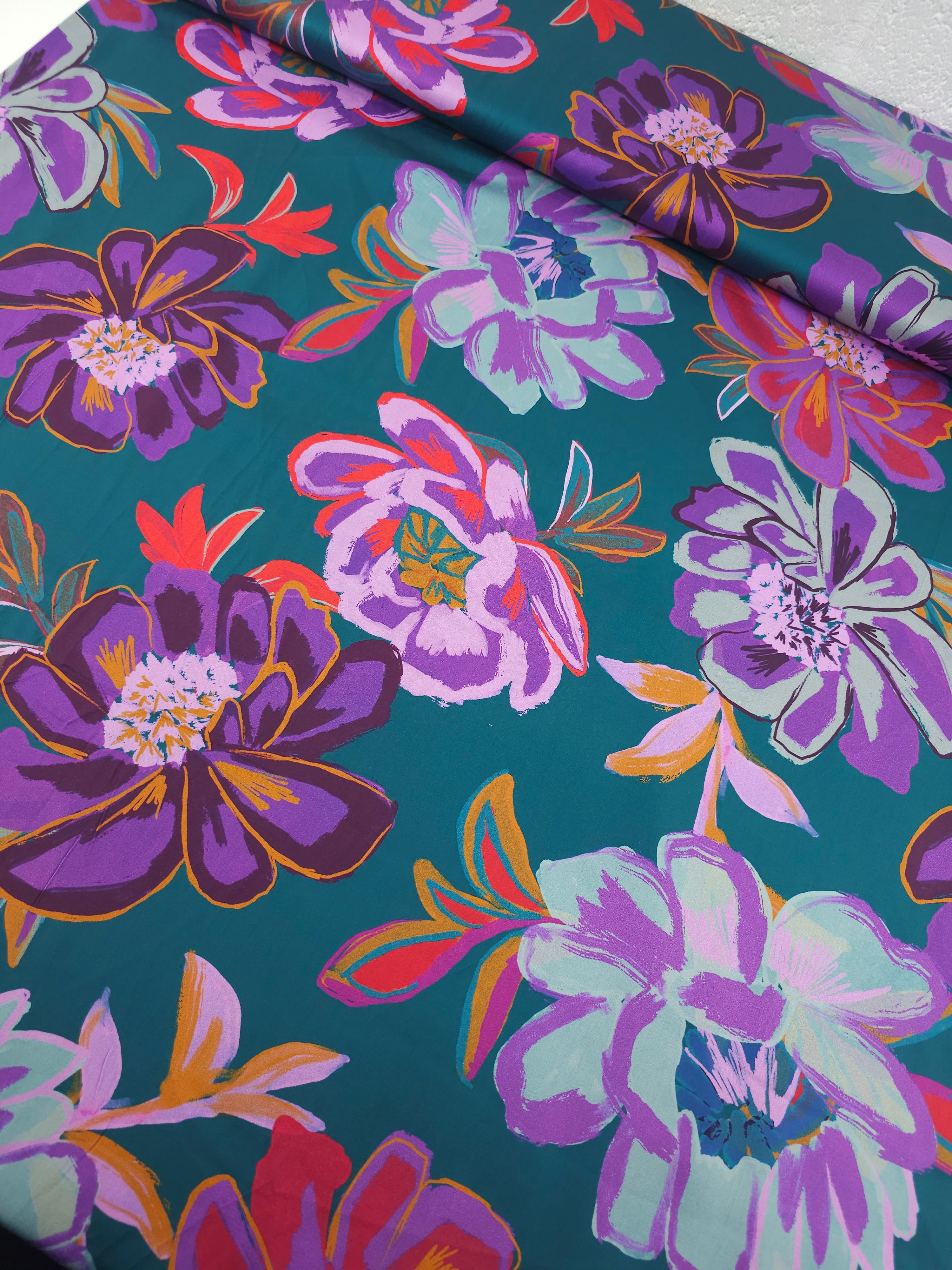 Teal/Purple Large Watercolour Floral Cotton Satin 60"