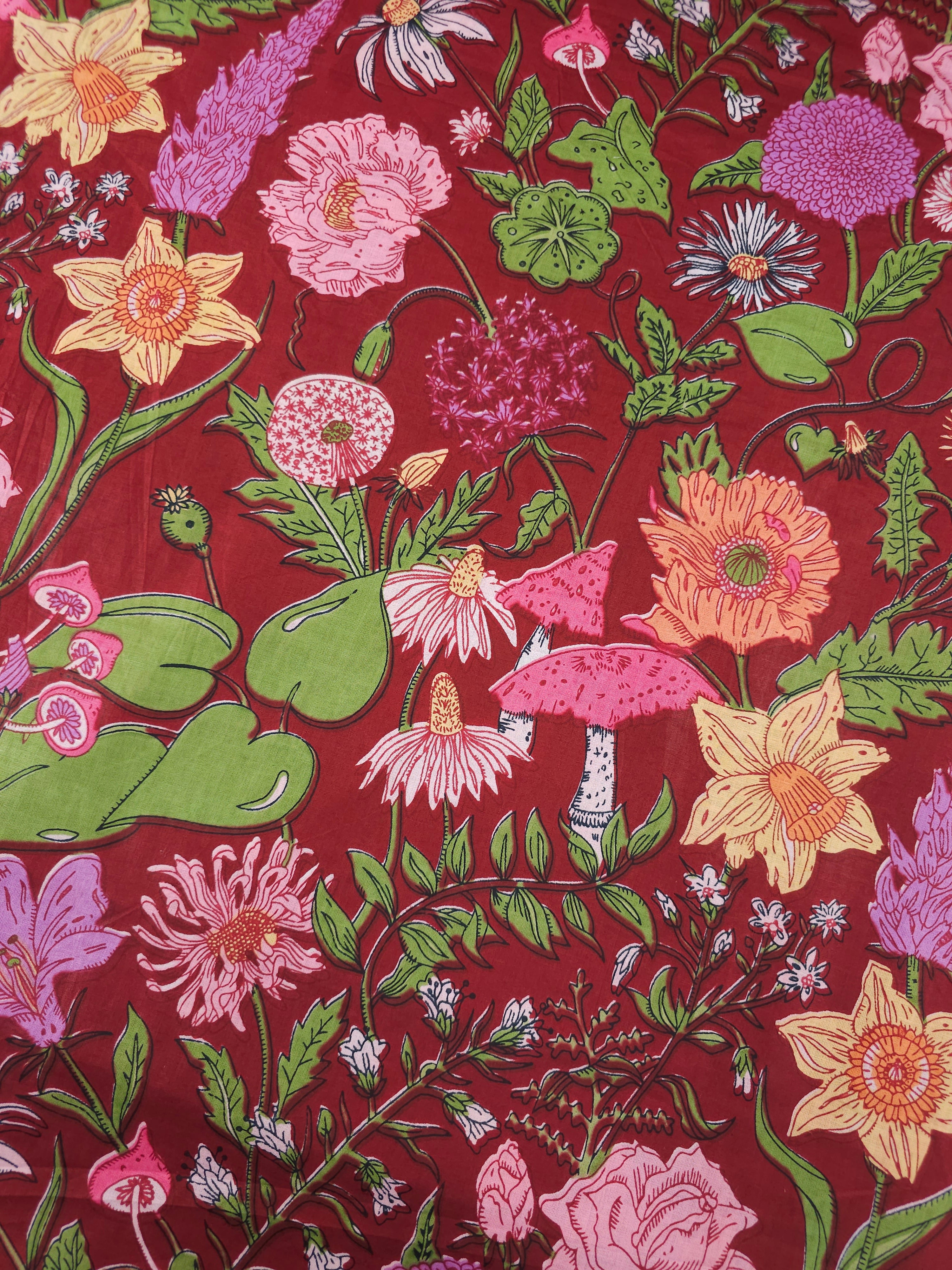 Burgundy Floral Shroom Field Cambric Cotton