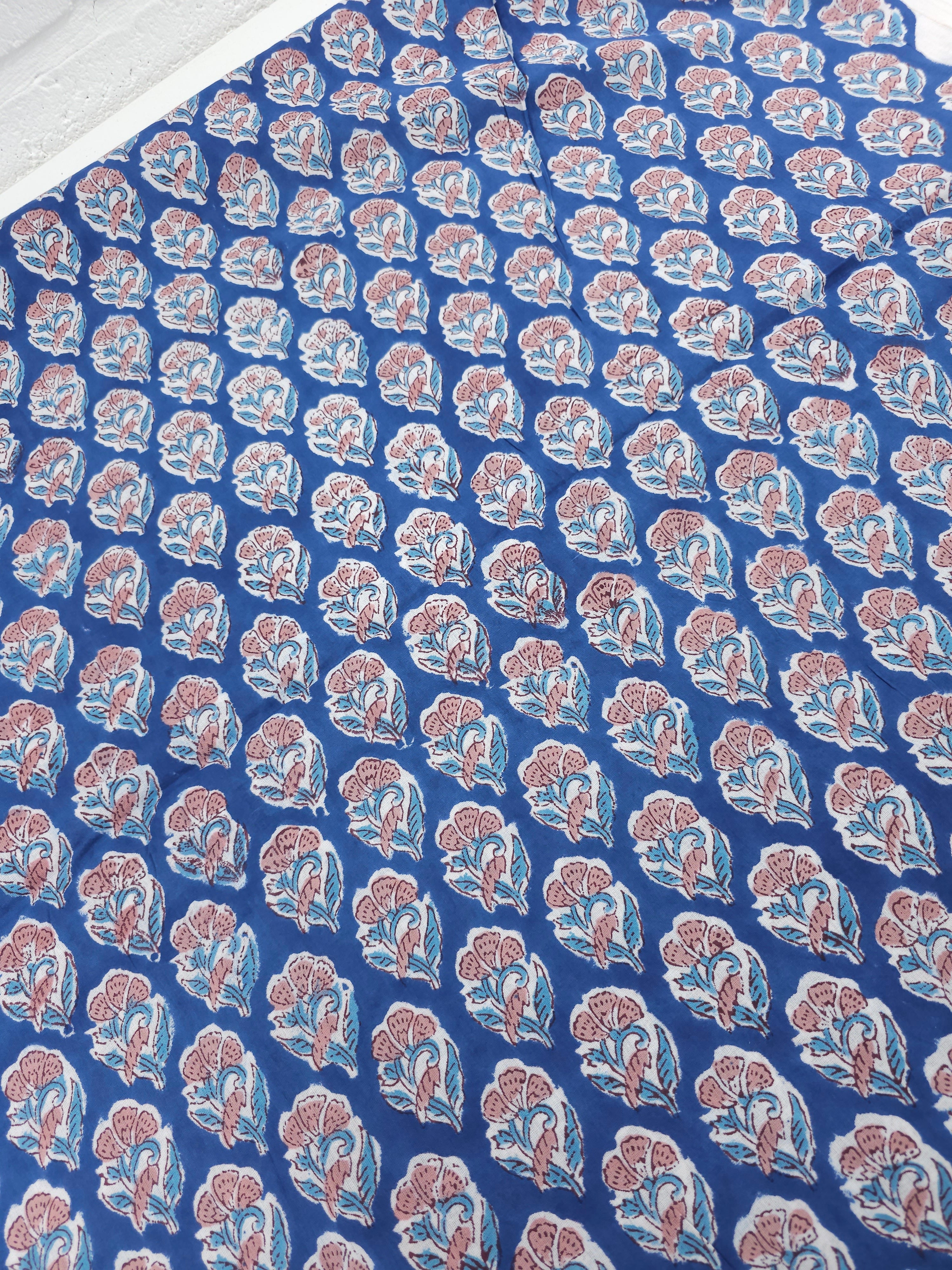 Blue/Peach Floral Block Print Cotton