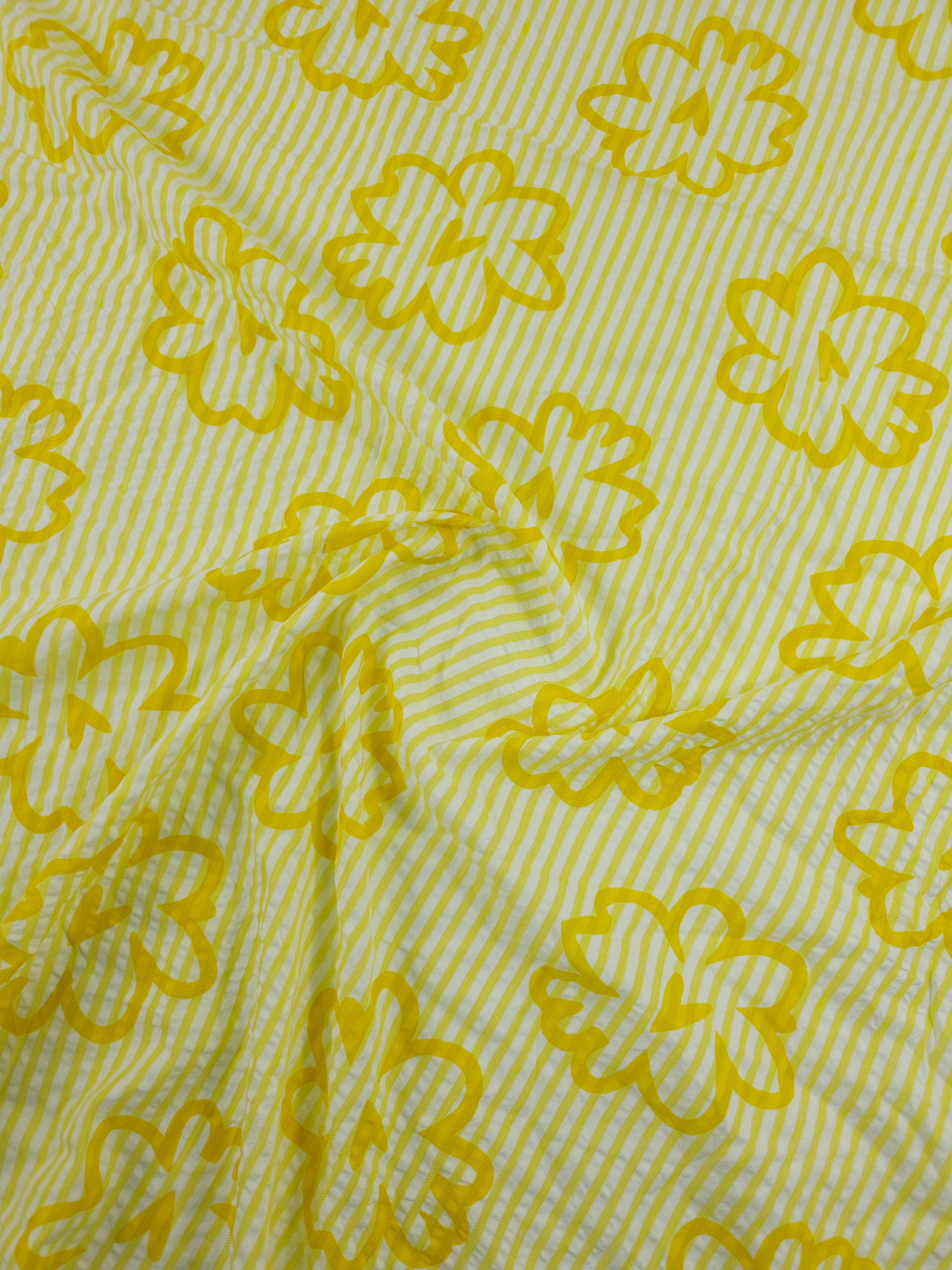 Yellow Flower Stripe Cotton SeerSucker