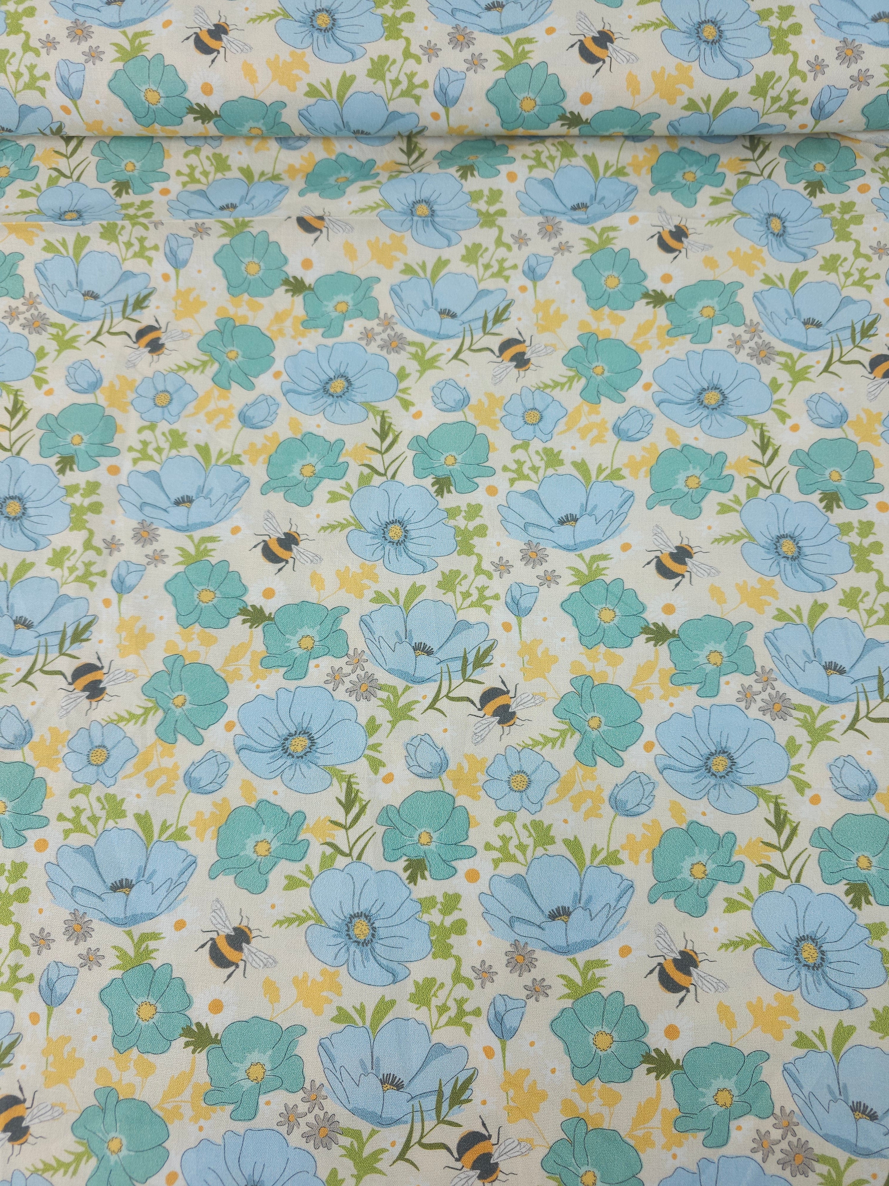 Blue Floral Meadow Bee 100% Cotton