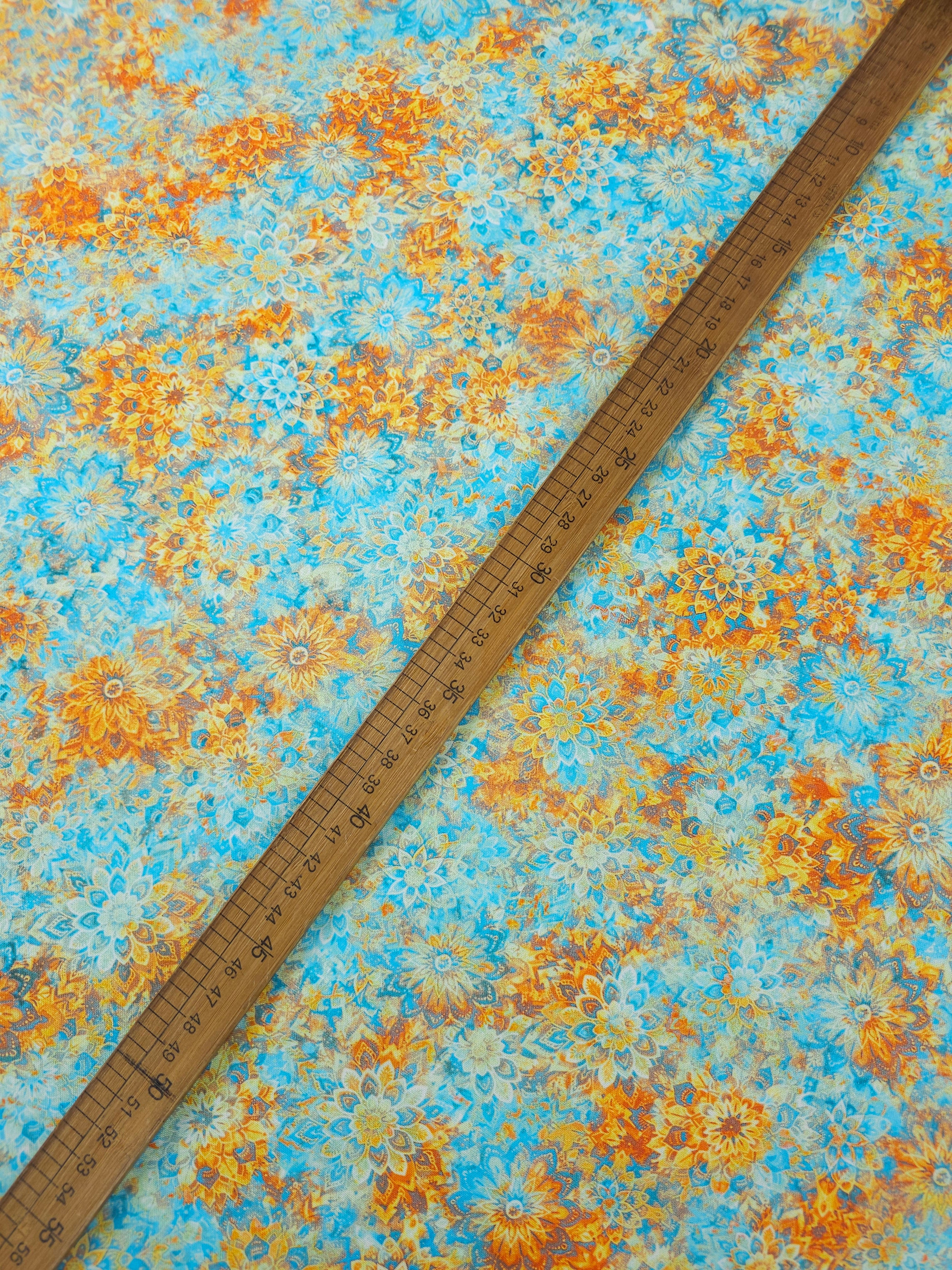 Light Blue/Orange Dancing Dahlias Kaleidoscope 100% Cotton 106" *EXTRA WIDE*