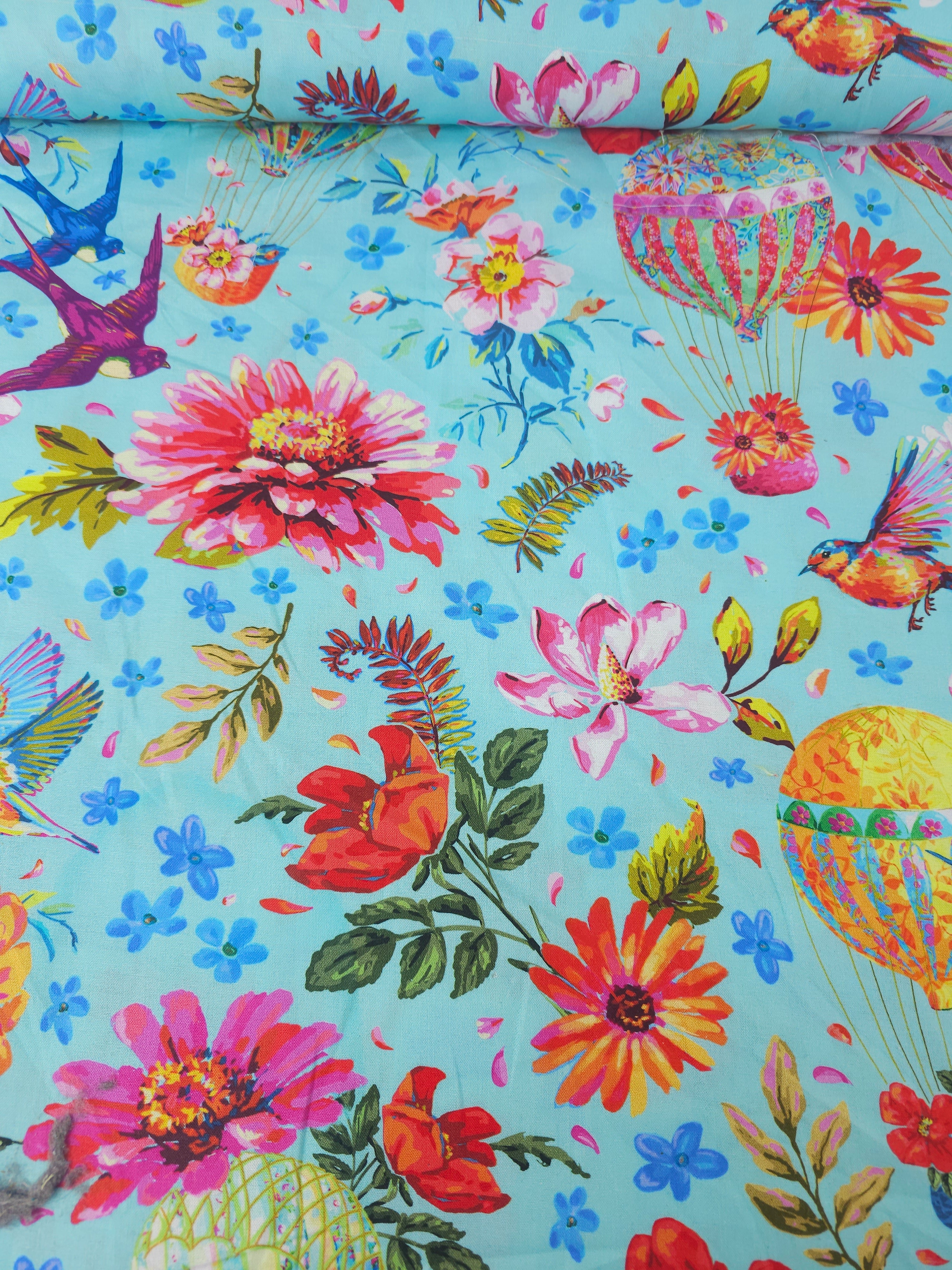 Hummingbird Floral Hot Air Balloons 100% Cotton - Odile Bailloeul