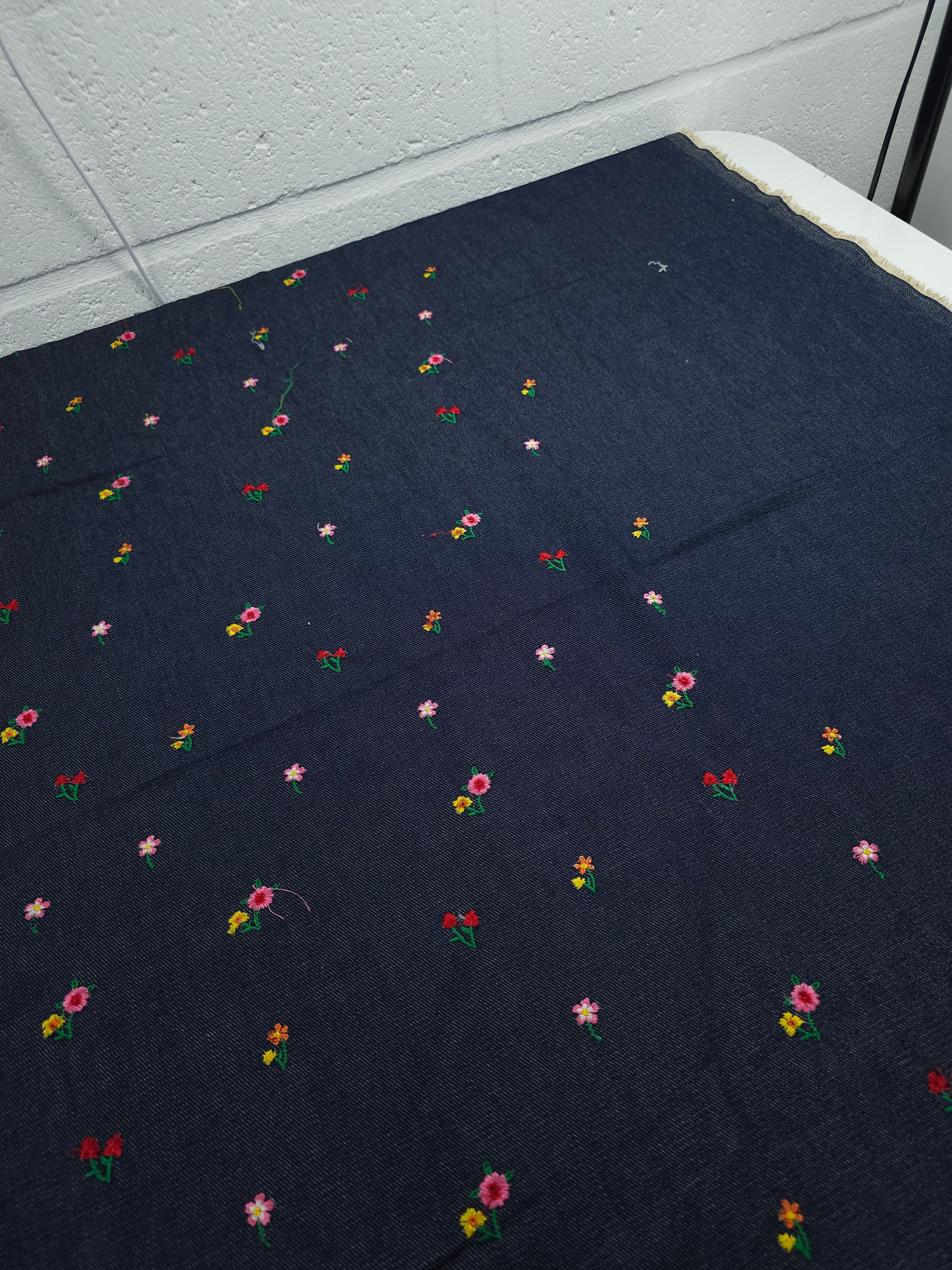 Navy Embroidered Flower Denim