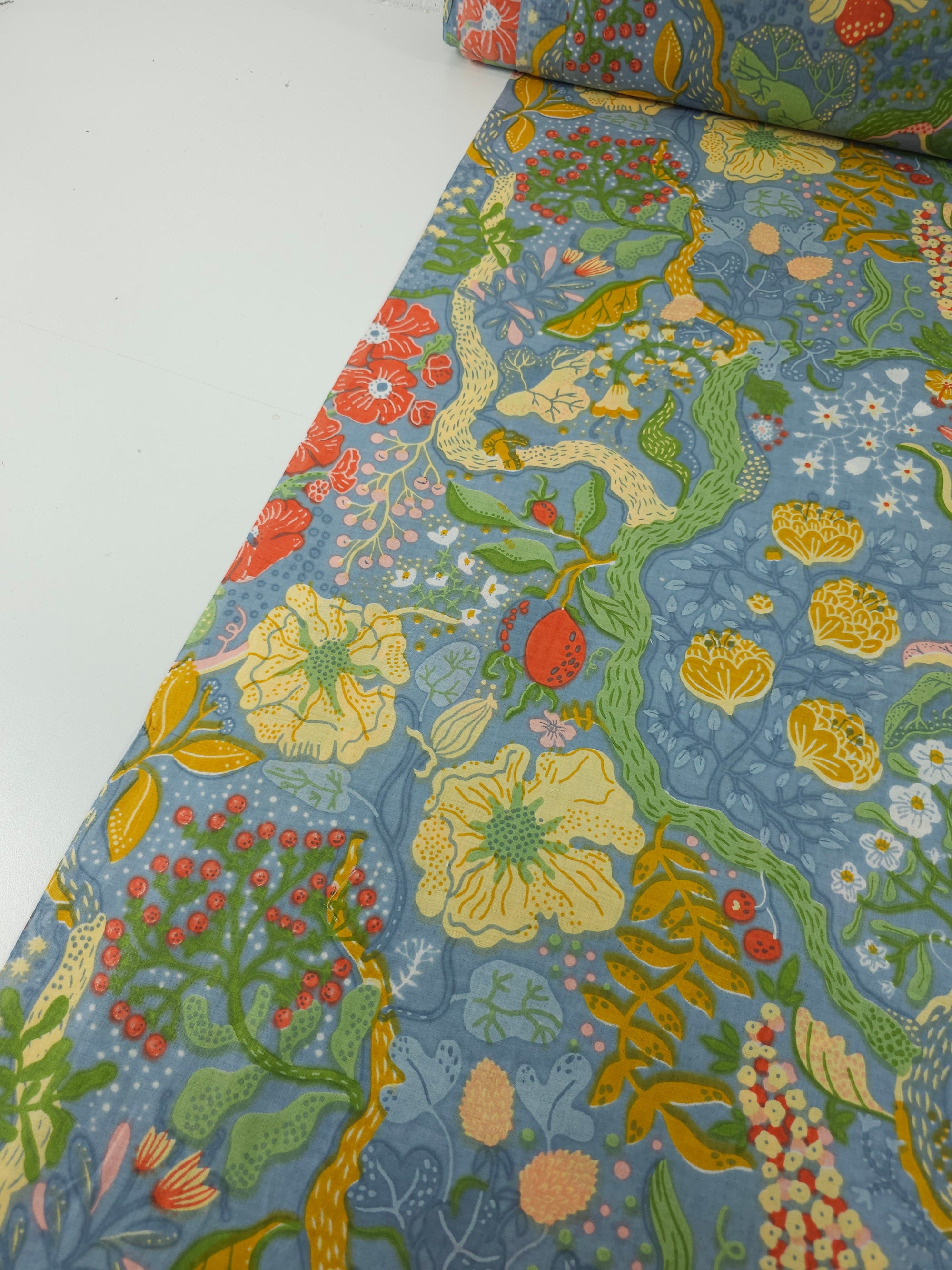 Petrol Blue Floral Whirl Garden Cambric Cotton