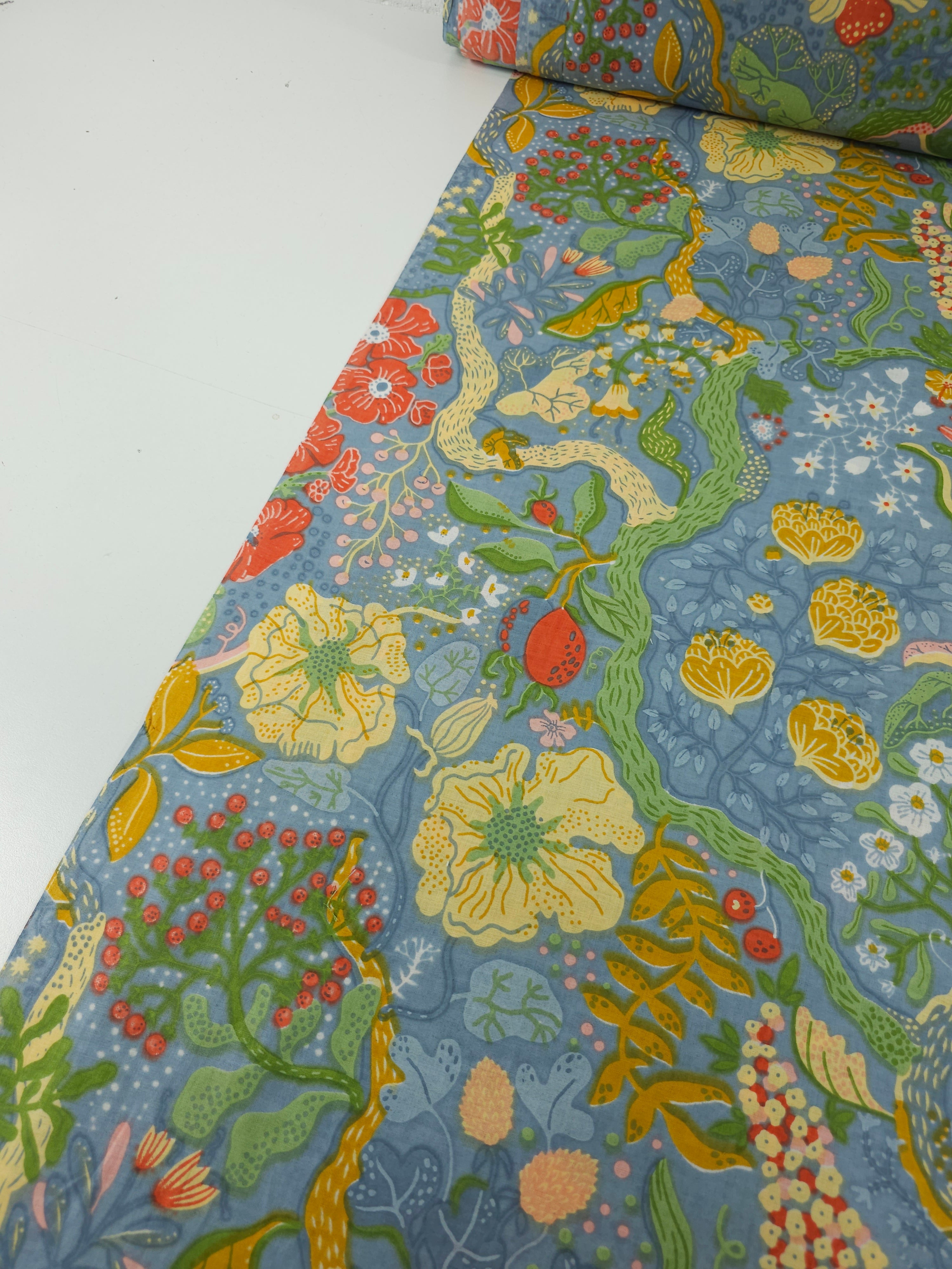 Petrol Blue Floral Whirl Garden Cambric Cotton