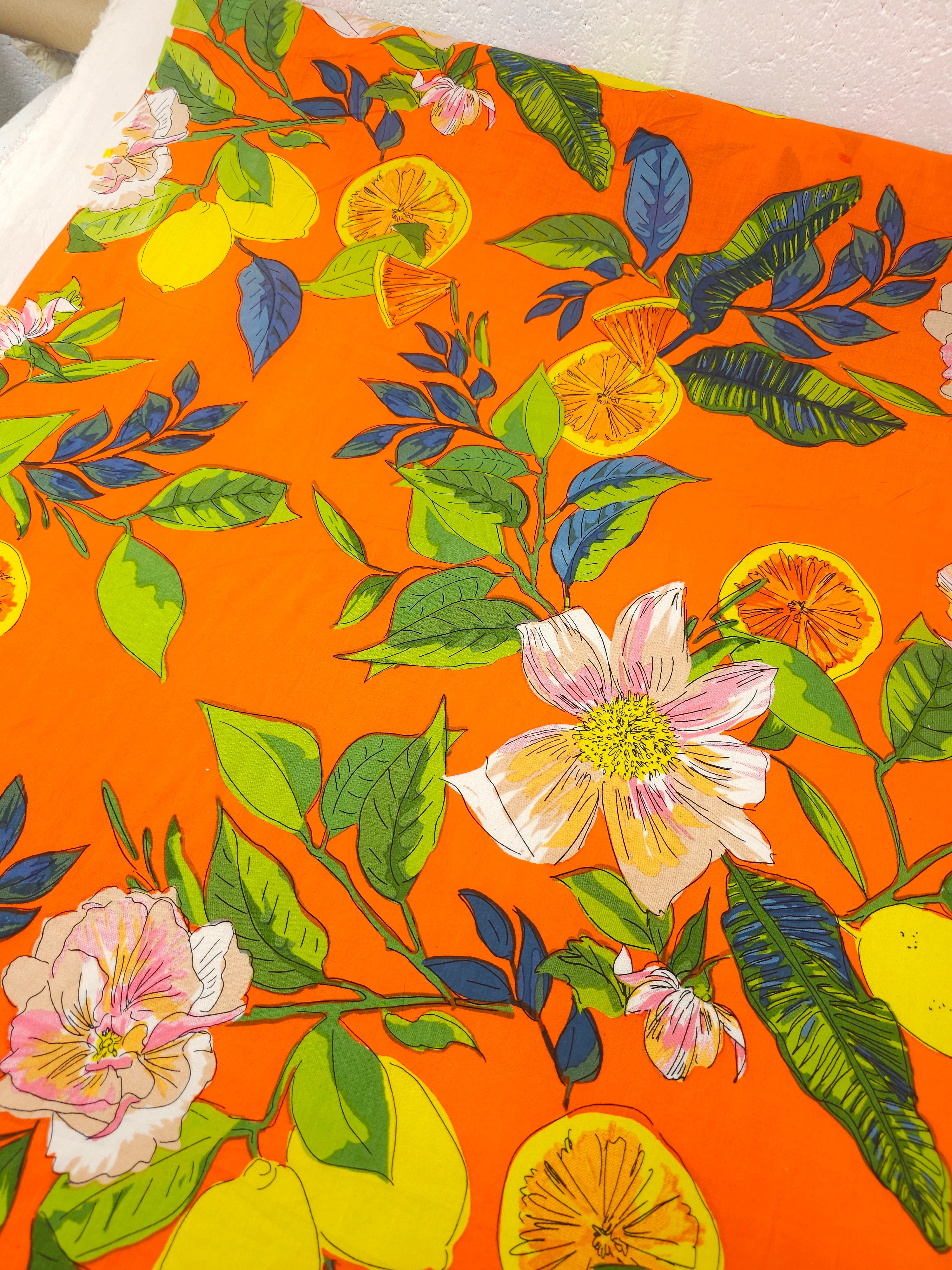 Orange Lemon Floral Slice Viscose Voile