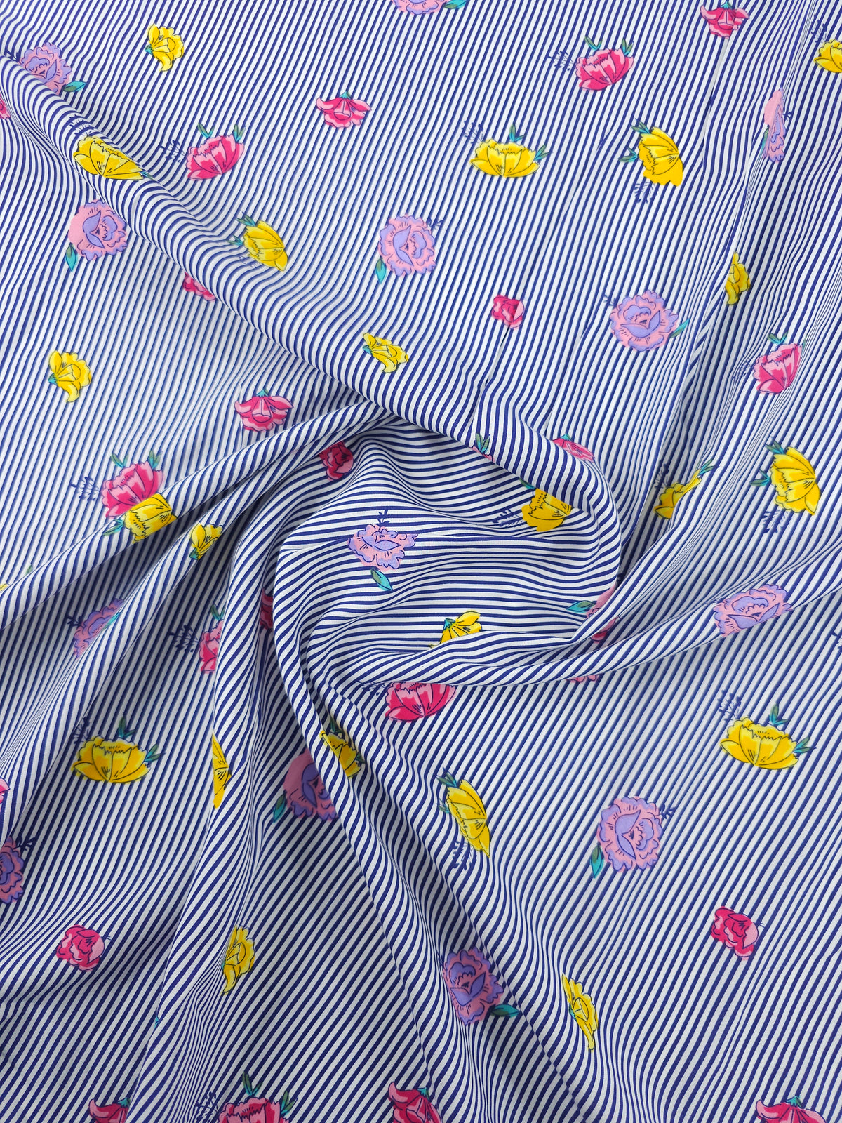 Navy Pinstripe Tossed Floral Viscose Challis