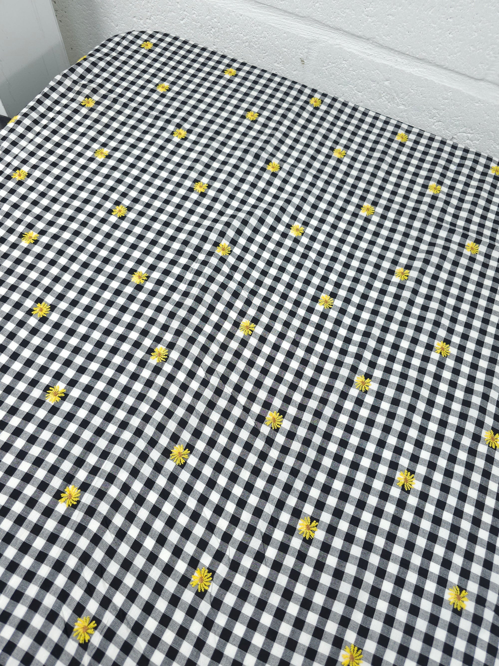 Black/Yellow Embroidered Daisy Gingham Lightweight Cotton
