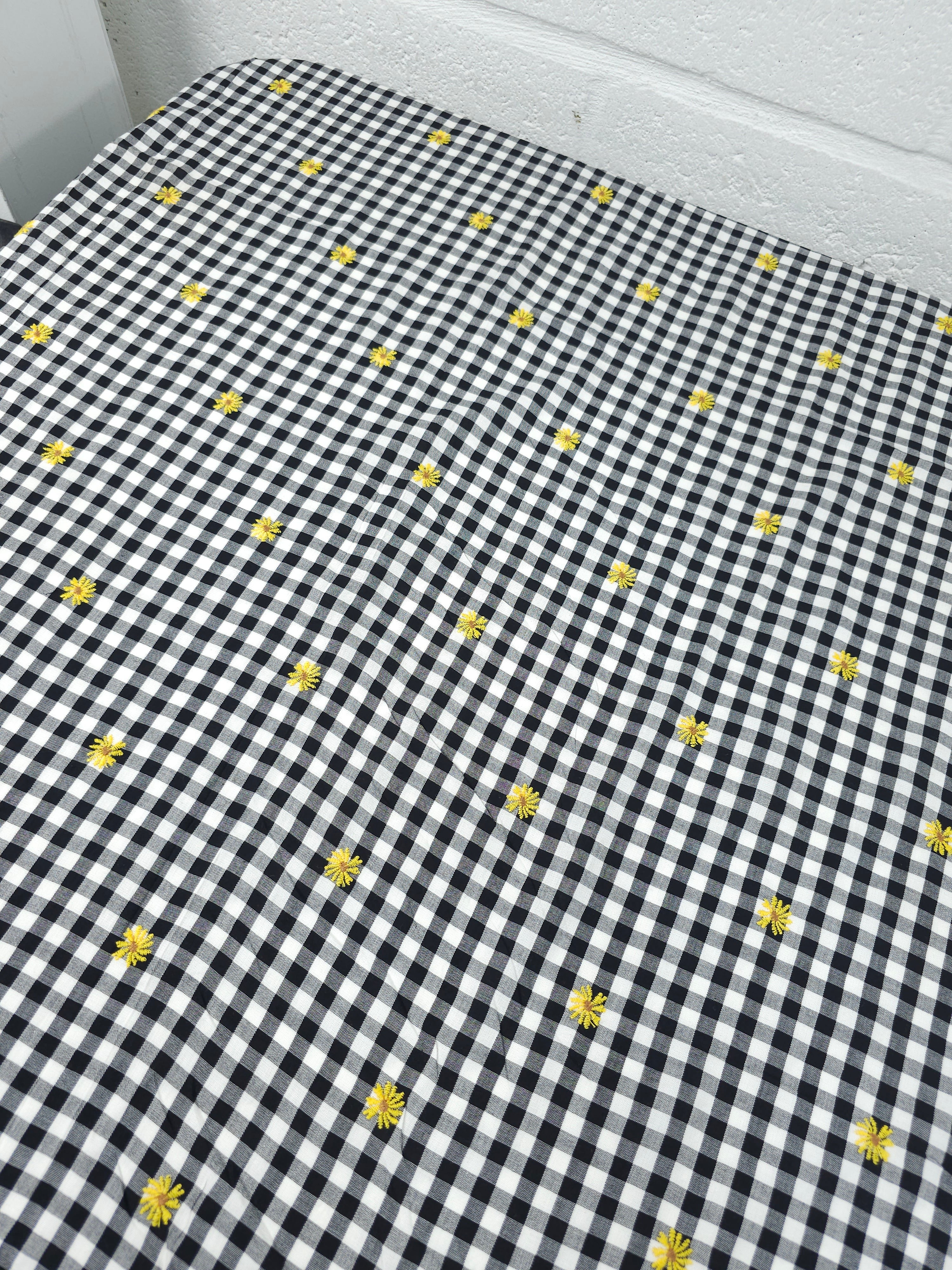 Black/Yellow Embroidered Daisy Gingham Lightweight Cotton