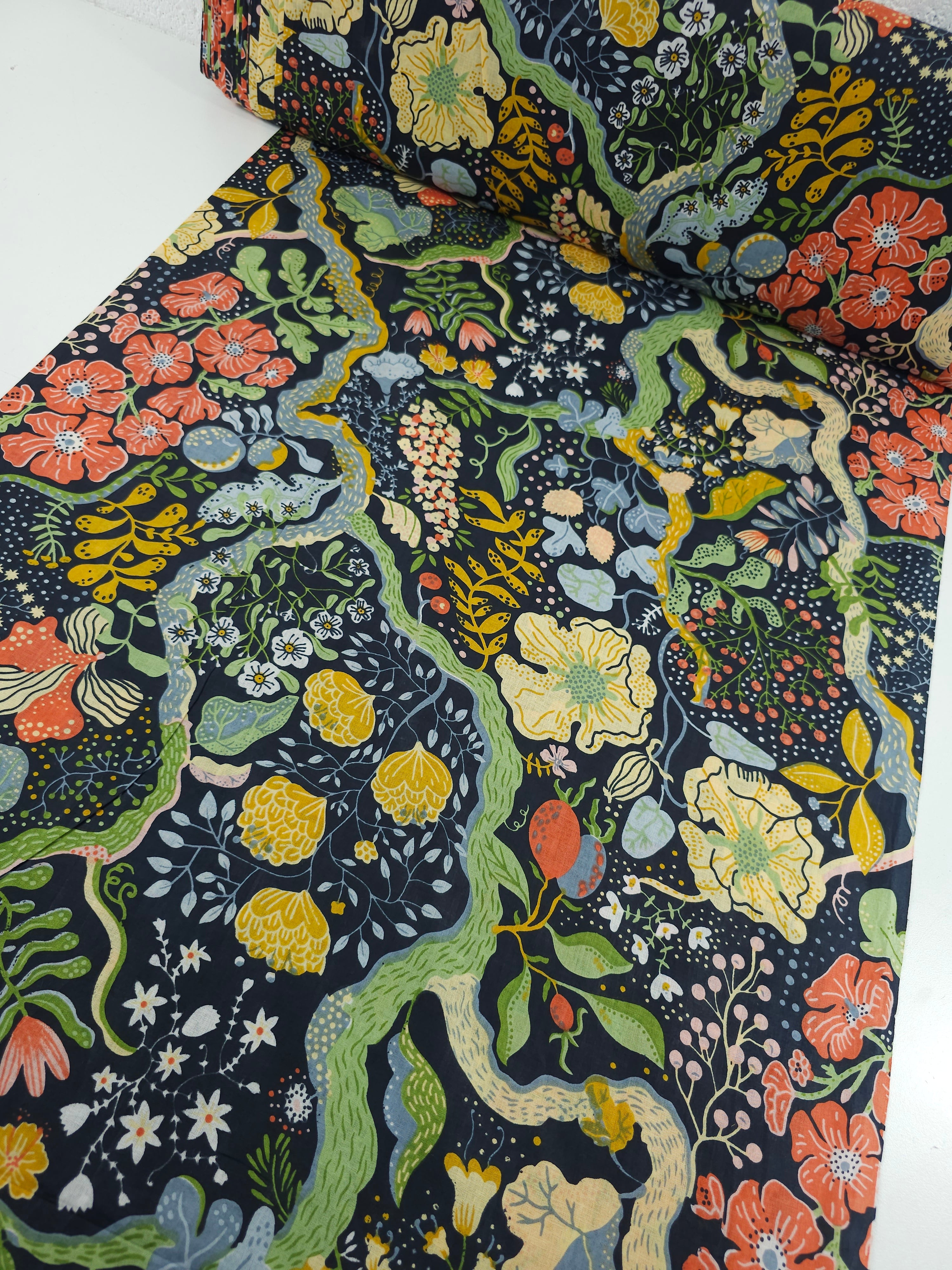 Dark Navy Floral Whirl Garden Cambric Cotton