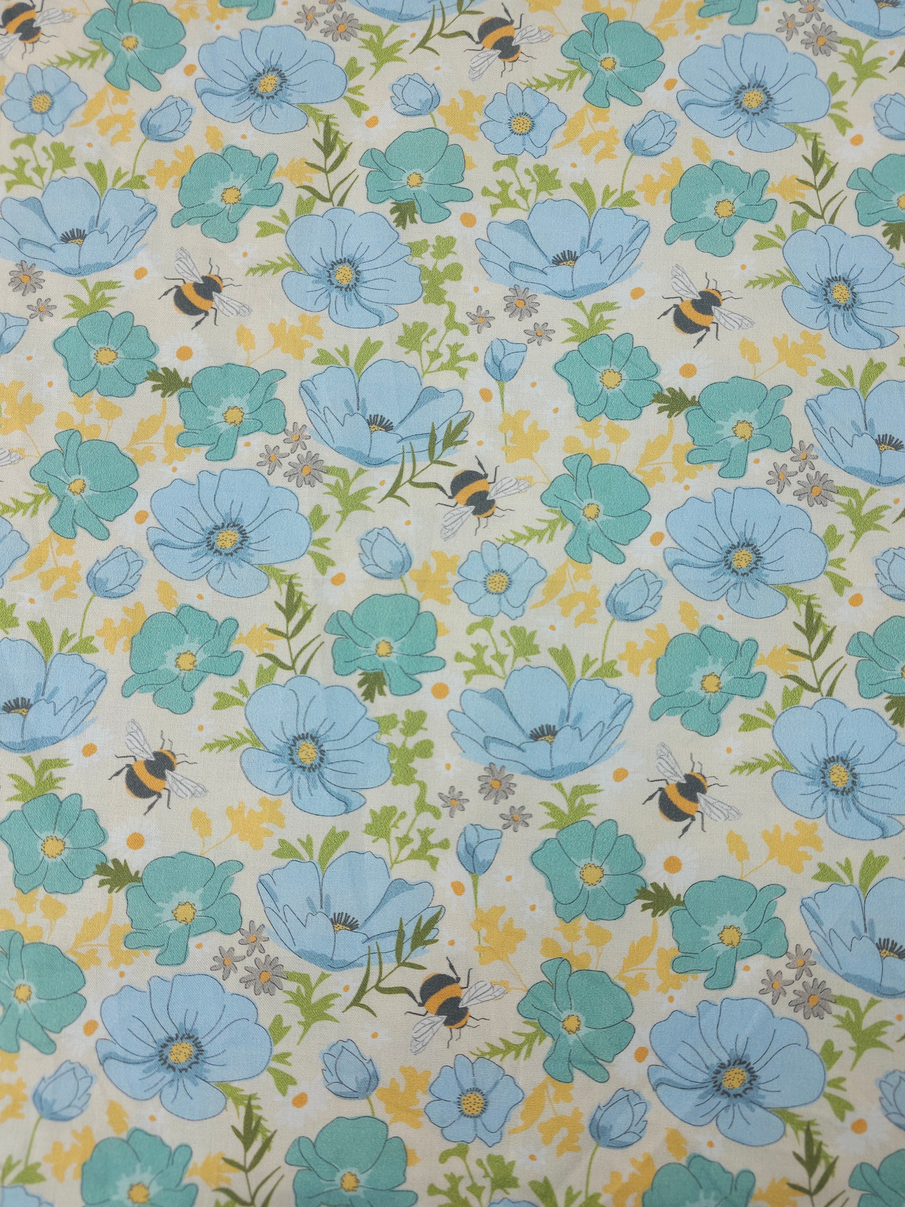 Blue Floral Meadow Bee 100% Cotton