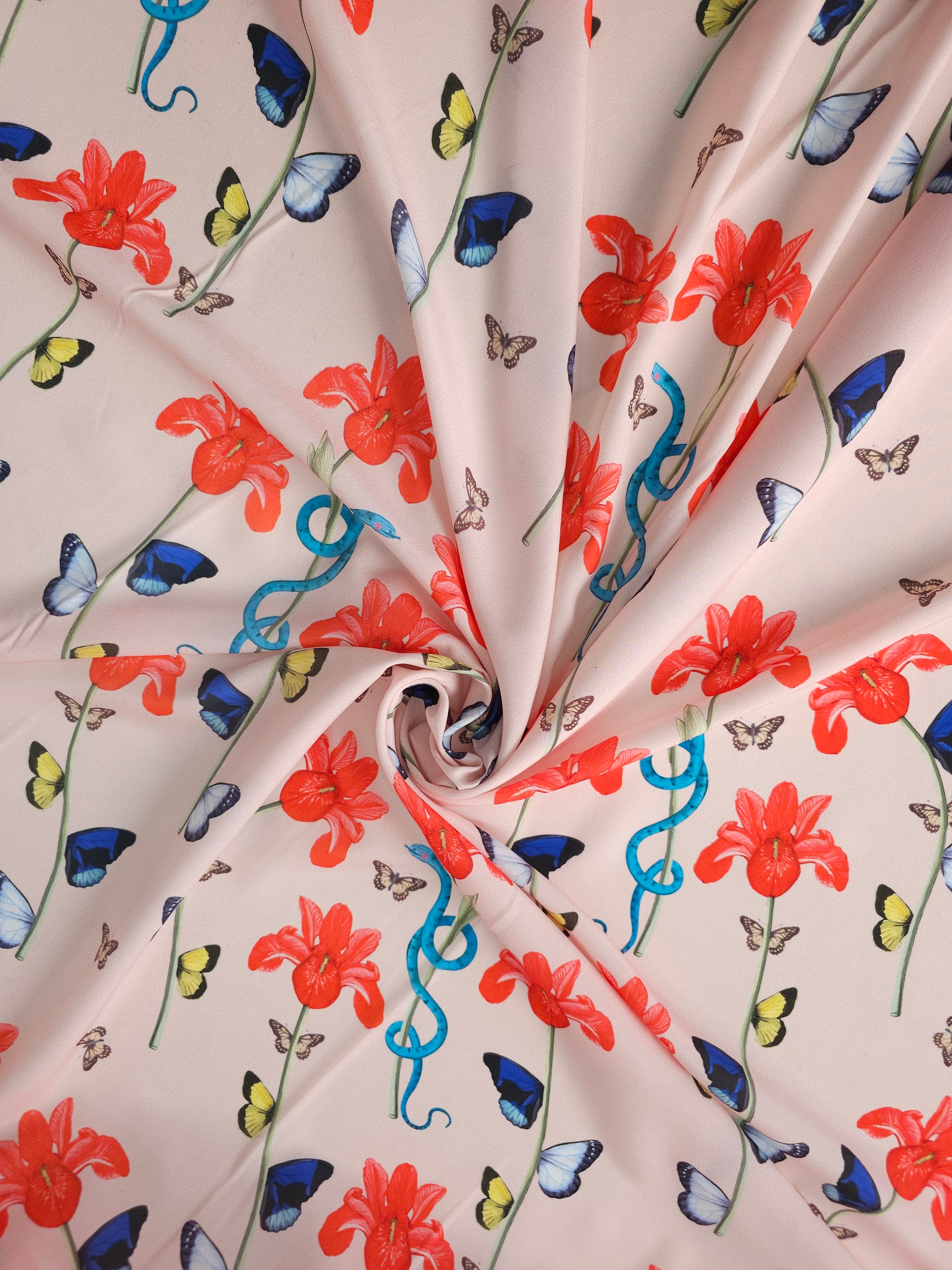 Light Blush Butterfly Floral Poly Crepe