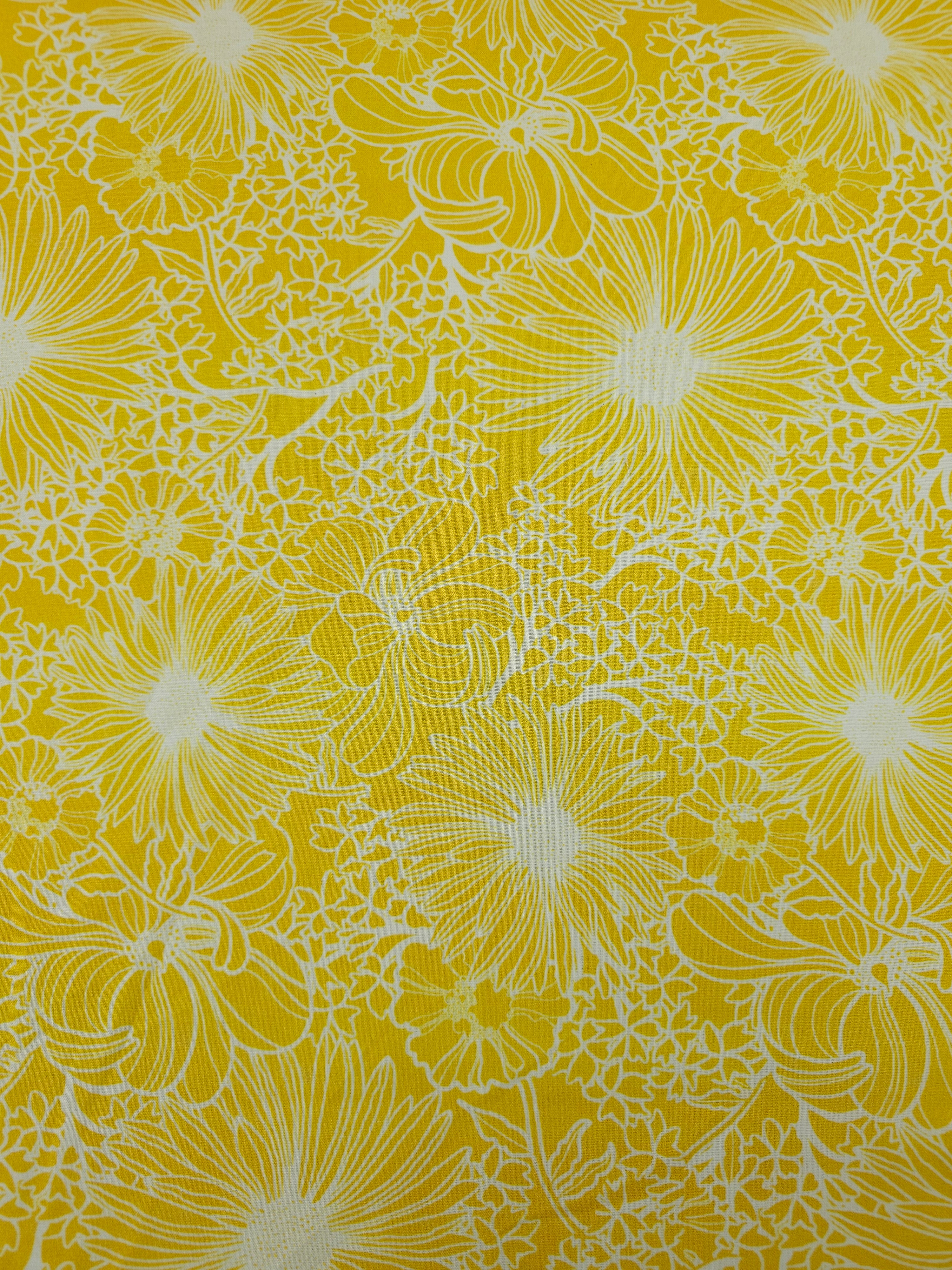 Sunny Yellow Wonder Floral Sketch 100% Cotton