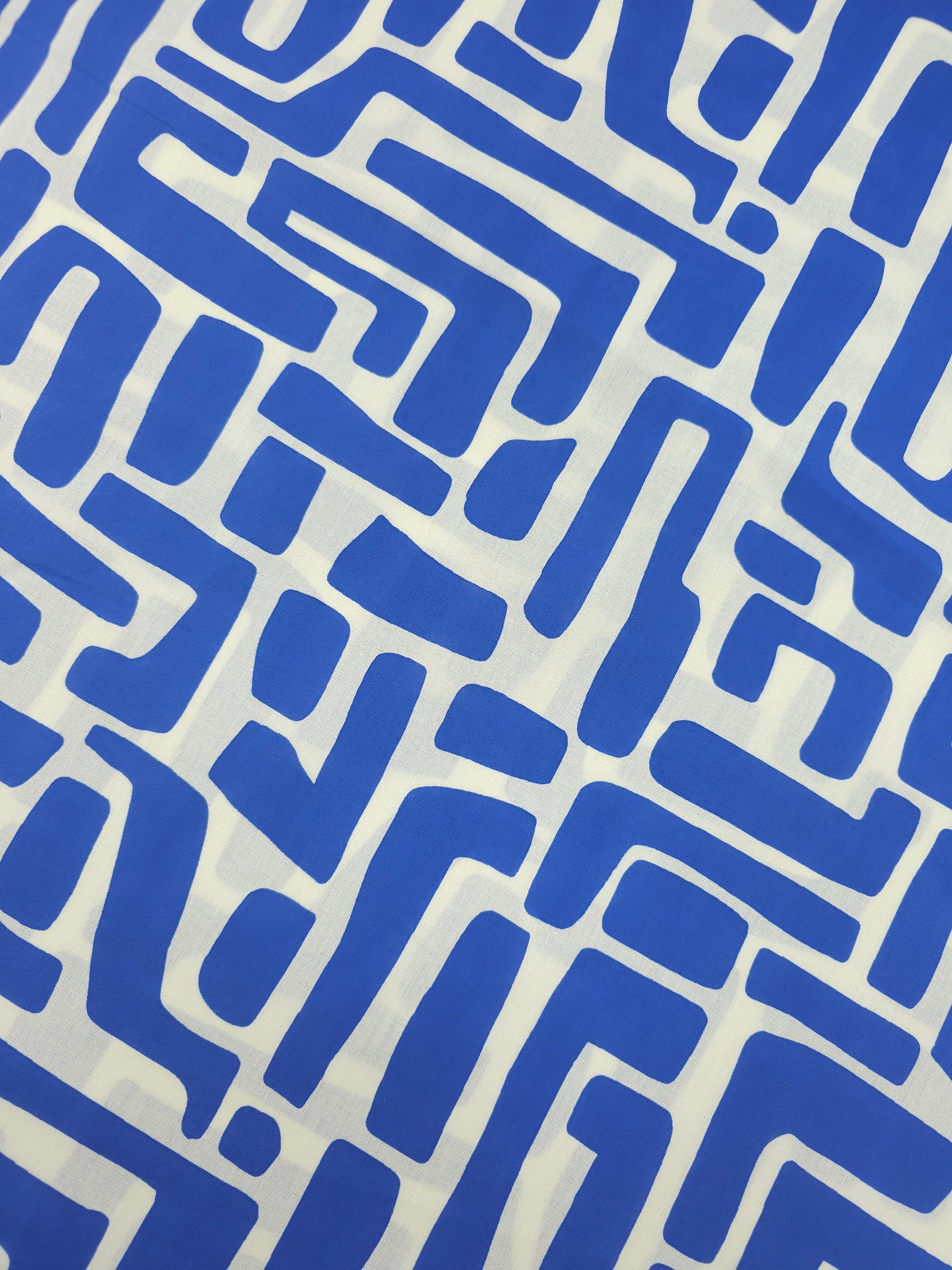 Blue/Ivory Cream Abstract Maze Coated Cotton 60"