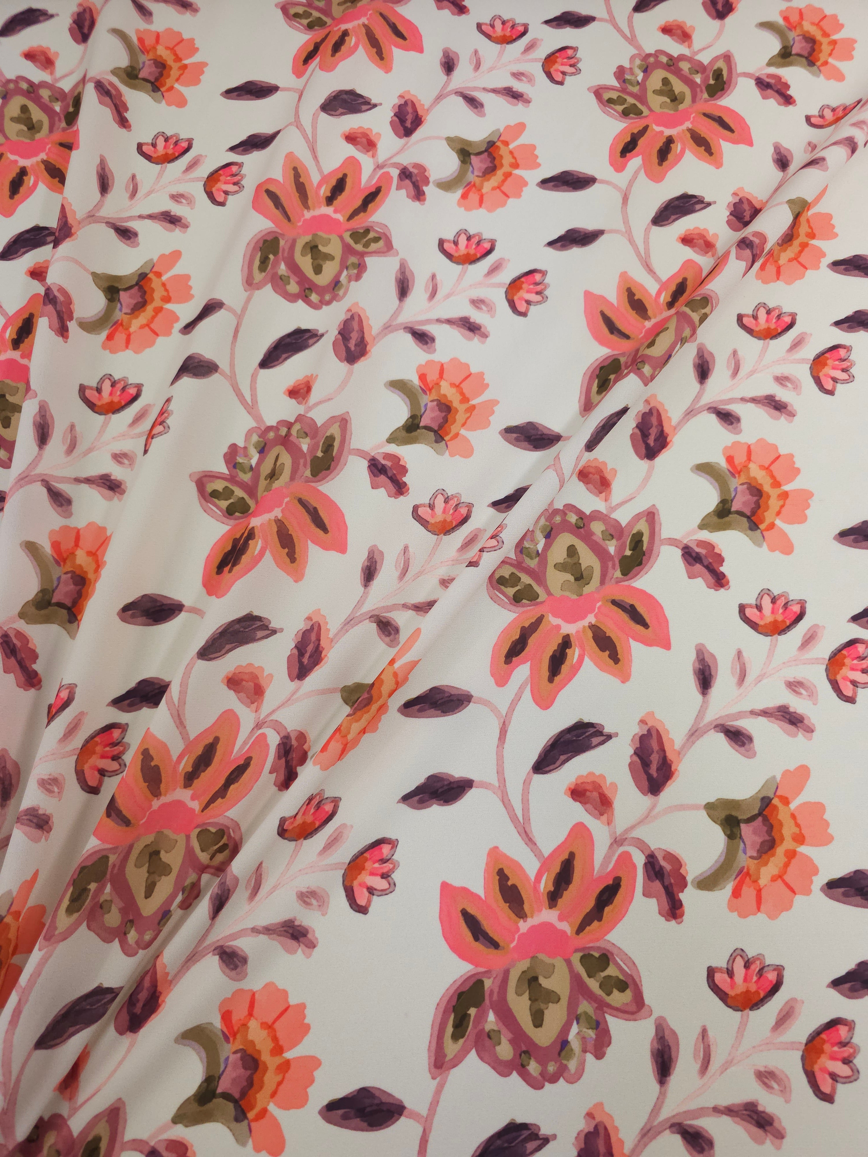 Ivory Cream/Coral Symmetry Floral Viscose Crepe