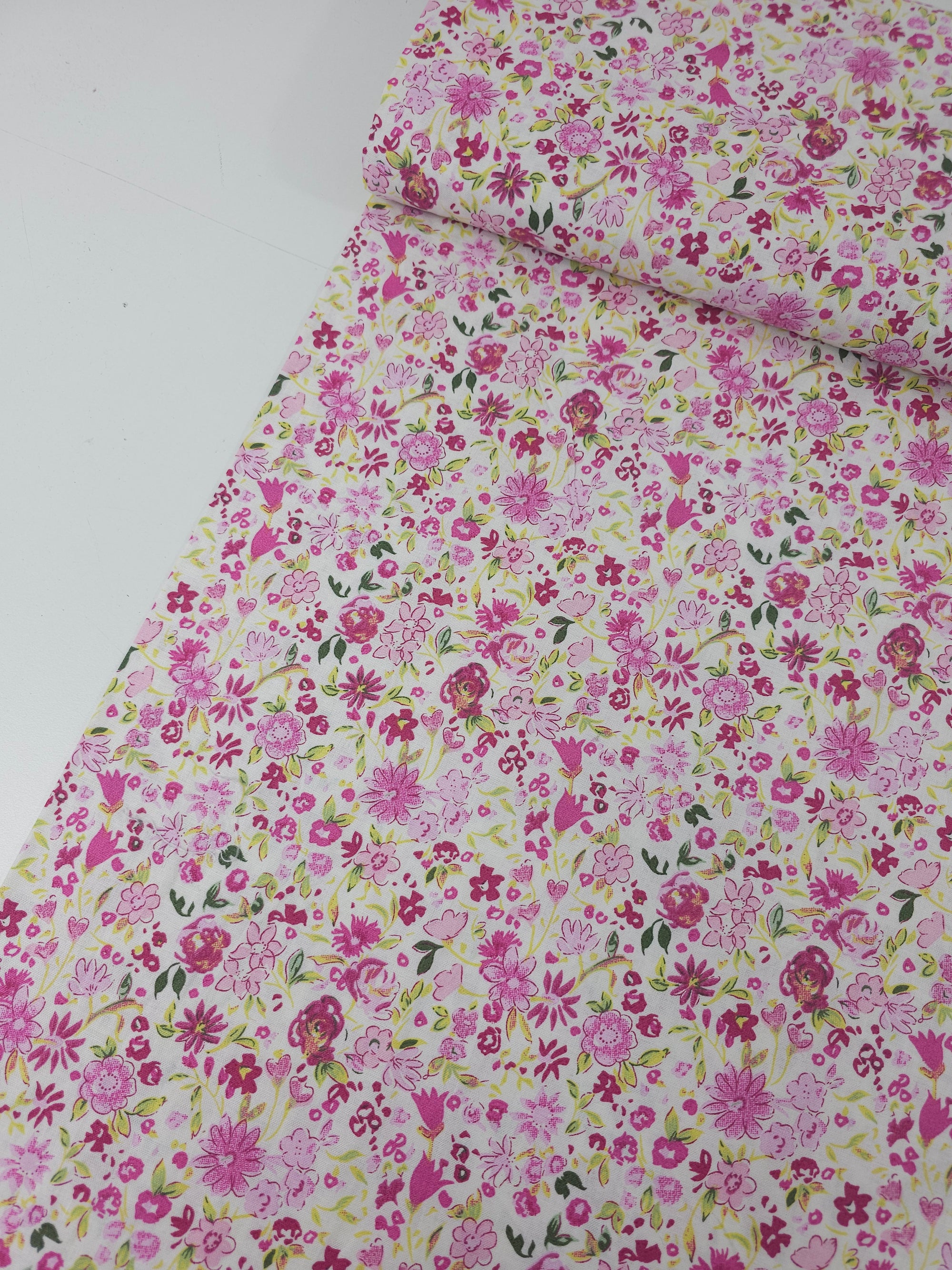 Pink Sketch Watercolour Floral 100% Cotton