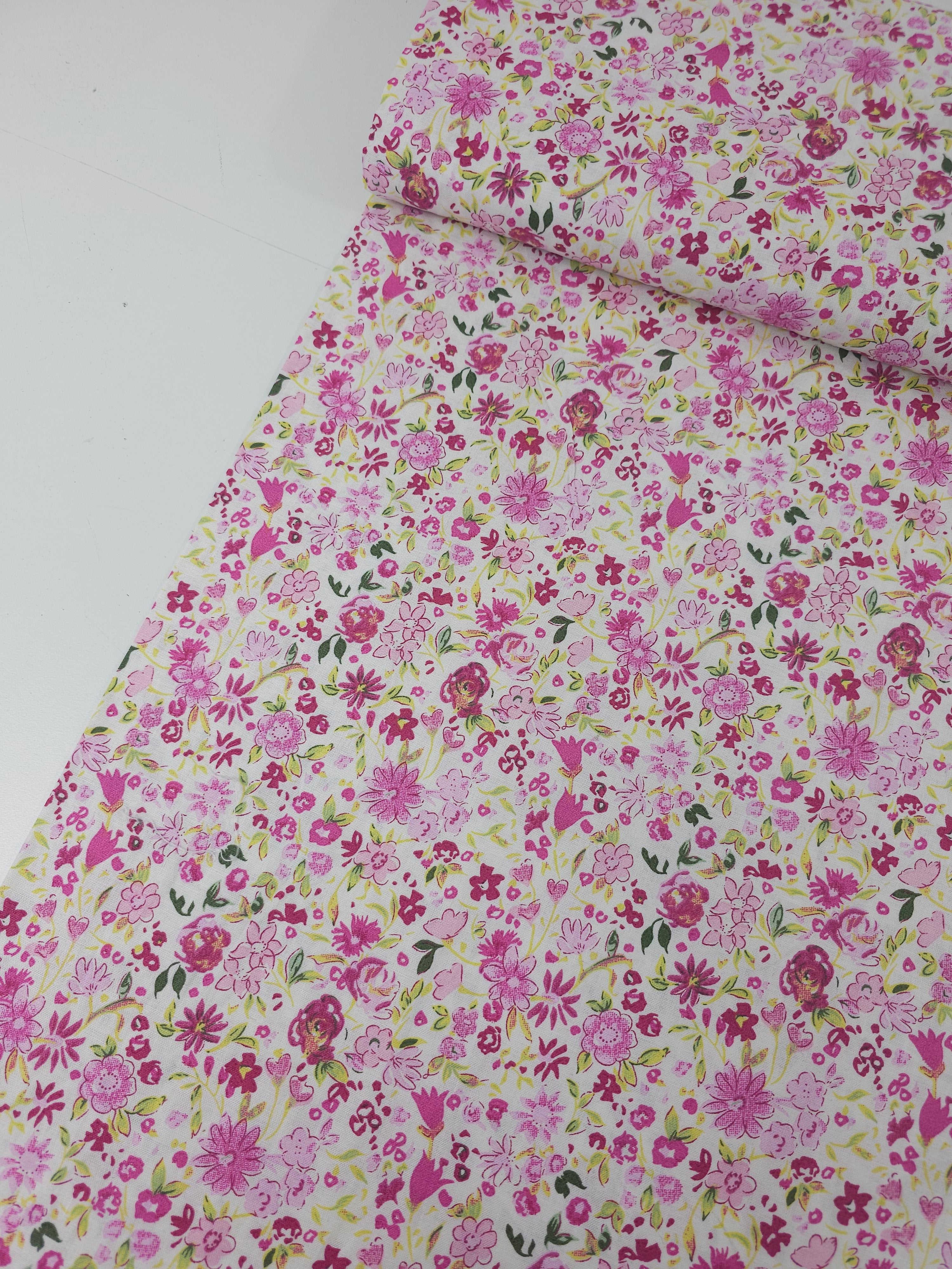 Pink Sketch Watercolour Floral 100% Cotton