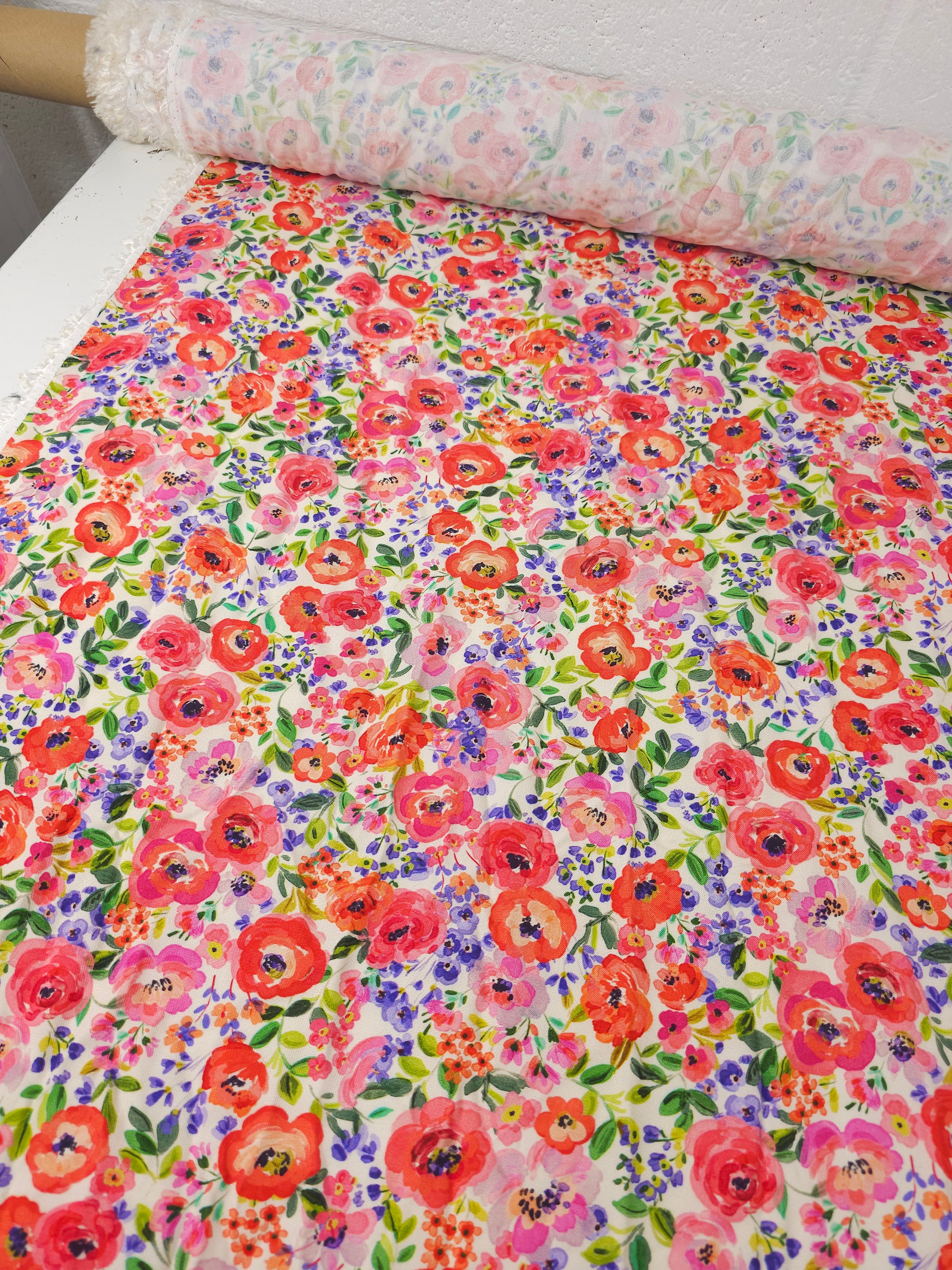 Watercolour Small Floral Bloom Viscose Challis