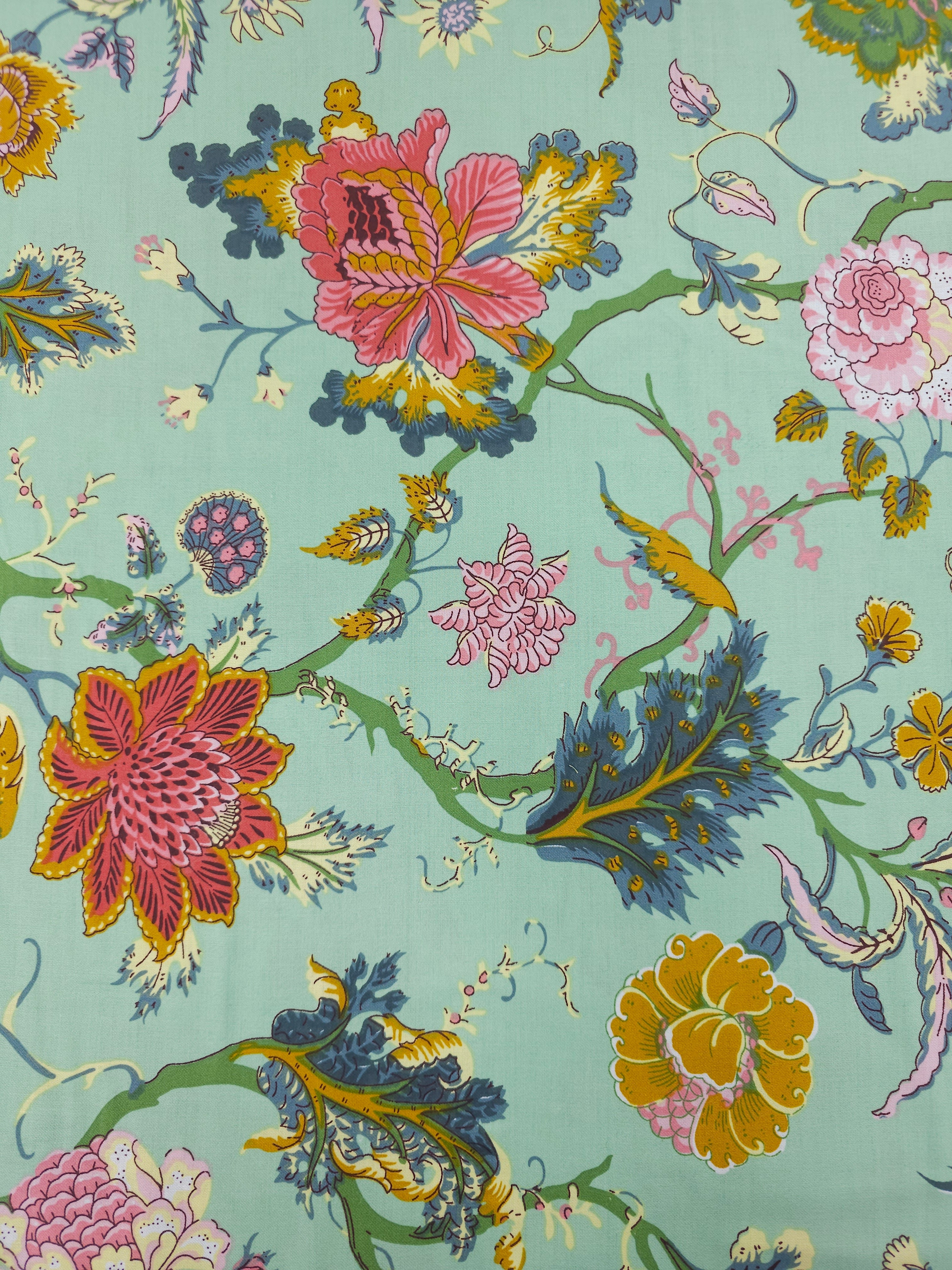 Minty Green Retro Floral 100% Cotton 110"