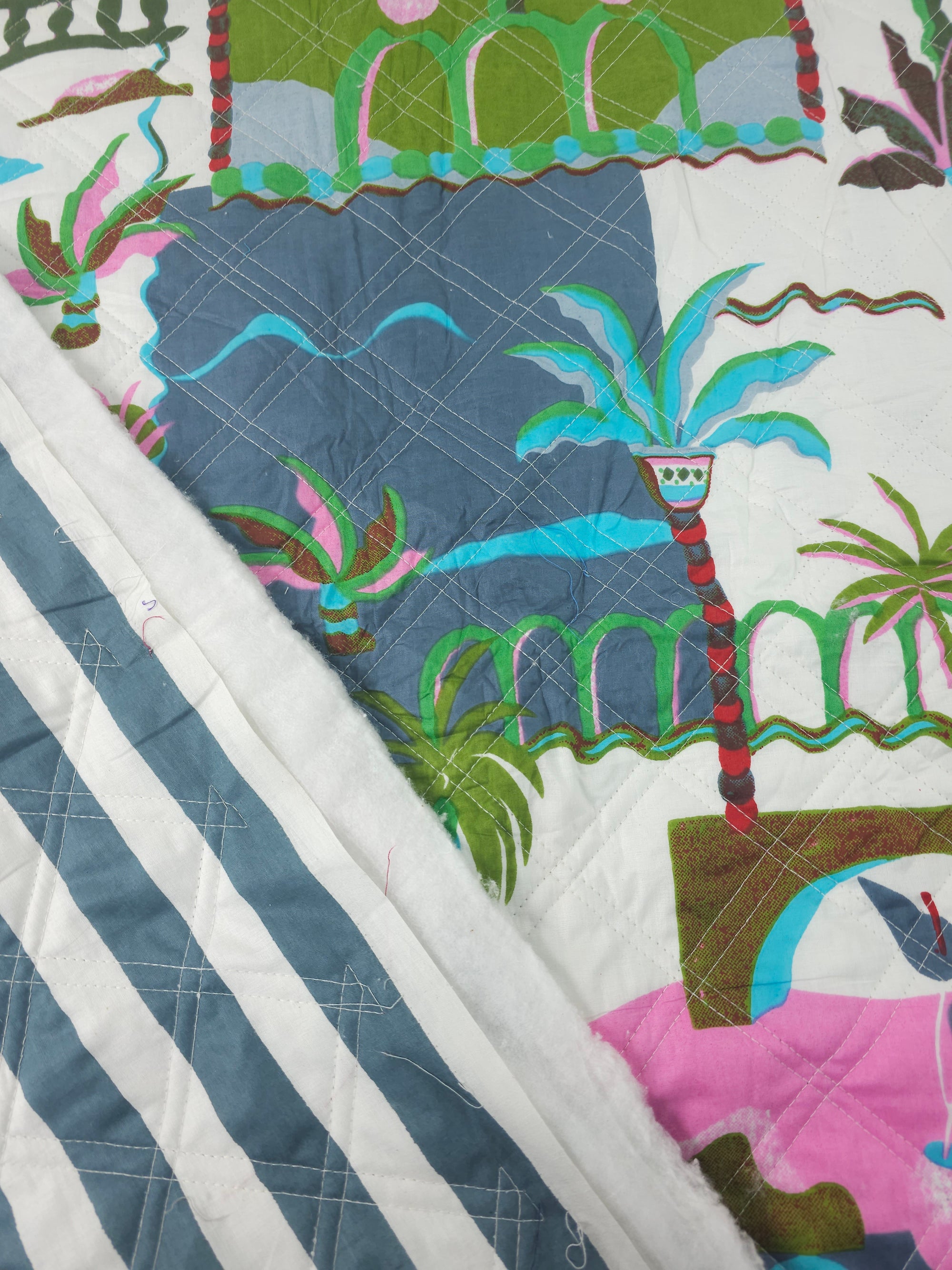 Grey/Green Palm Tree Scenery Quilted Screen Print - 1.35m Piece