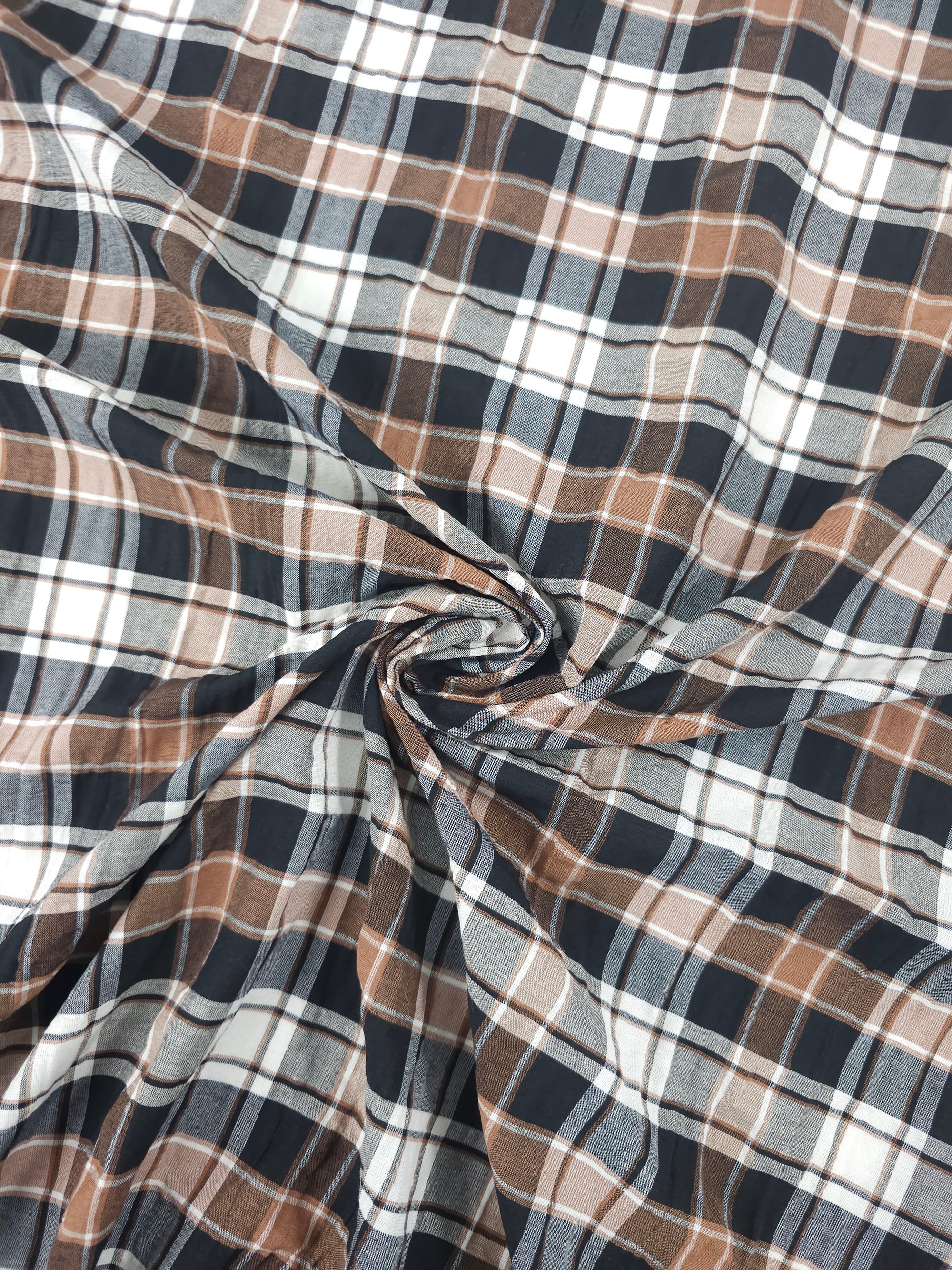 Black/Brown Tartan Crinkle Cotton