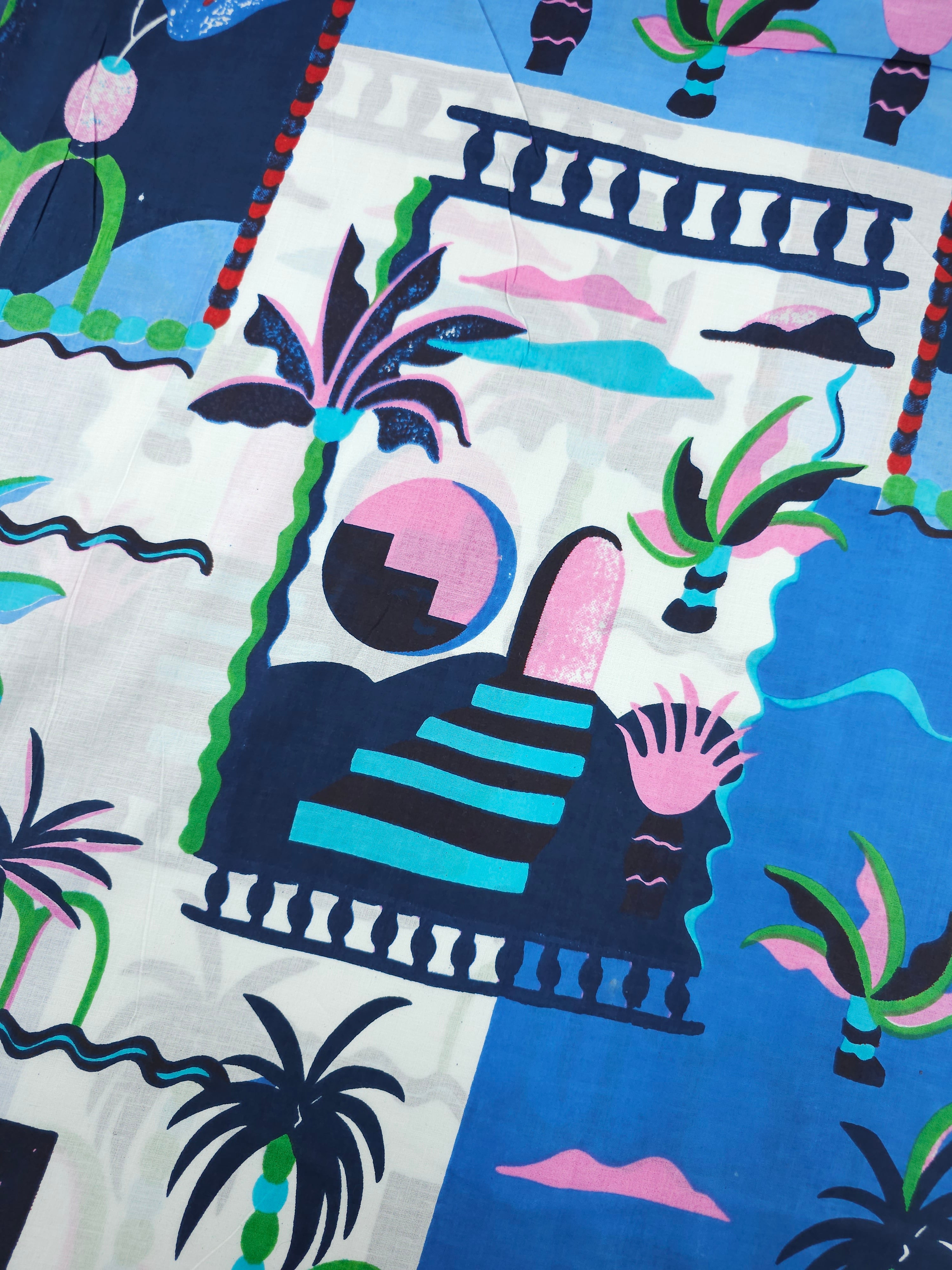 Blue/Pink Palm Tree Scenery Cambric Cotton