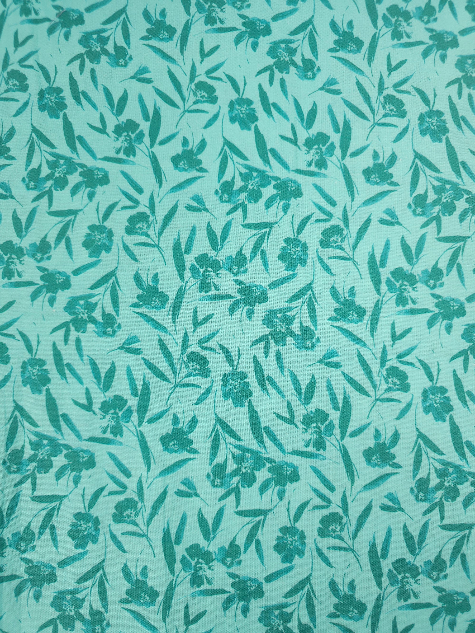 Mint Blue Watercolour Sketch Floral 100% Cotton