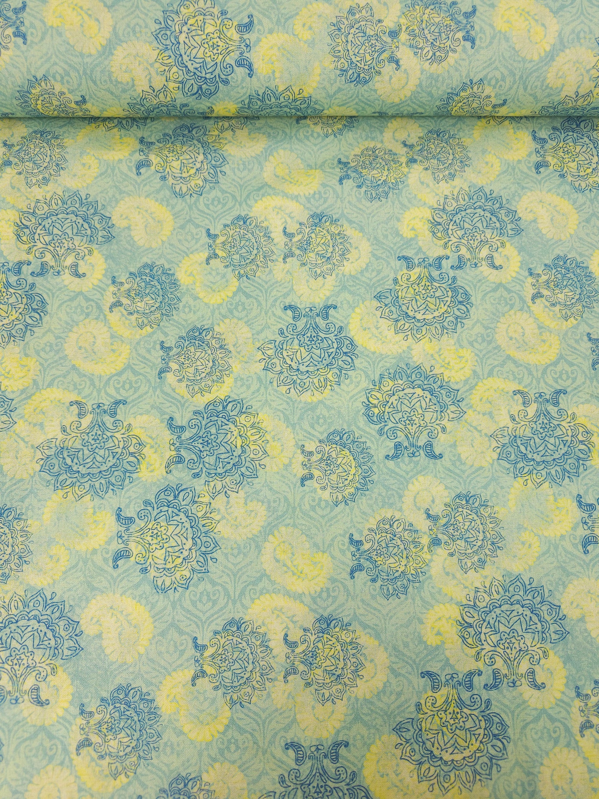 Pale Teal/Yellow Paisley Splodge 100% Cotton