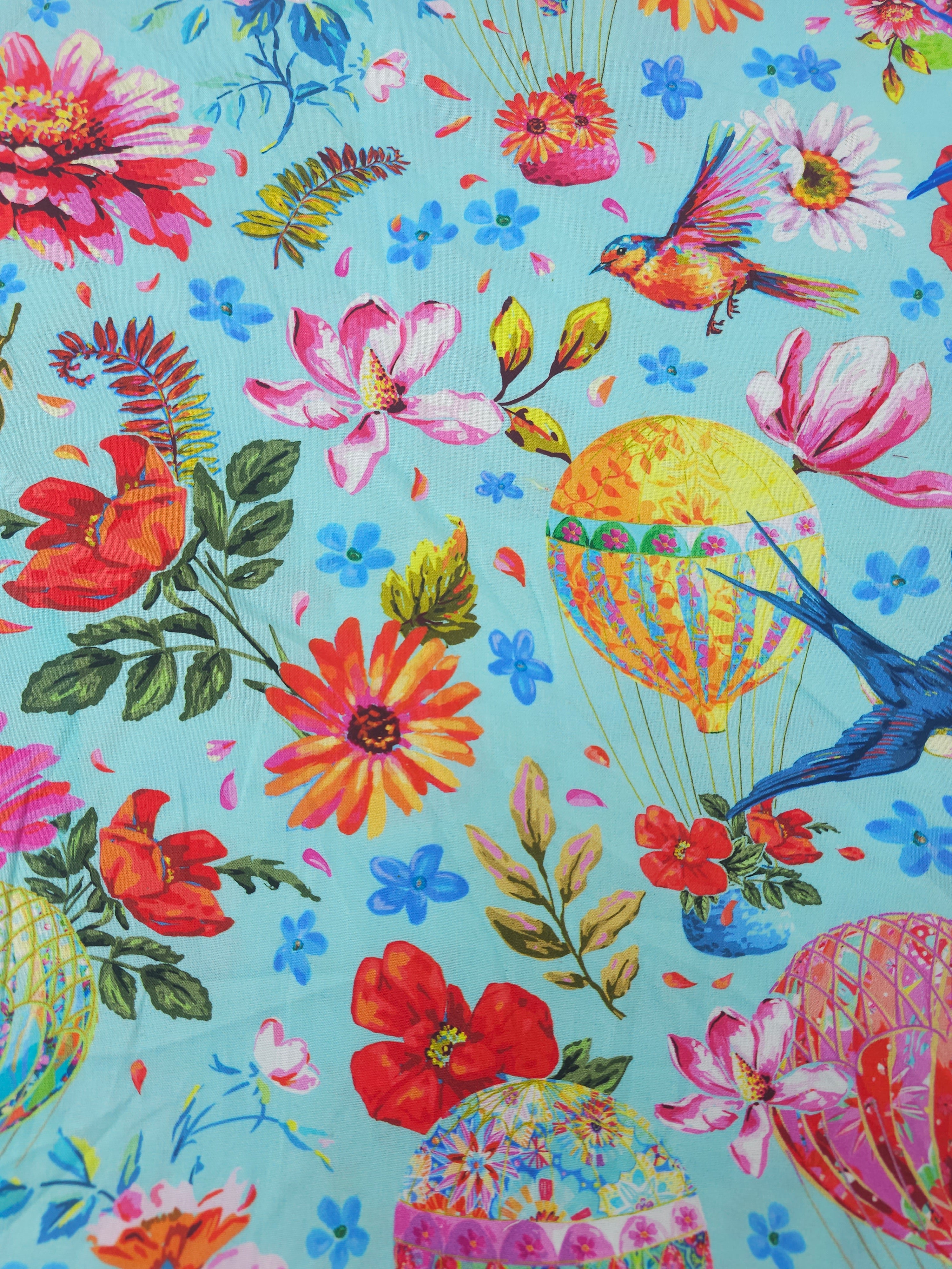 Hummingbird Floral Hot Air Balloons 100% Cotton - Odile Bailloeul