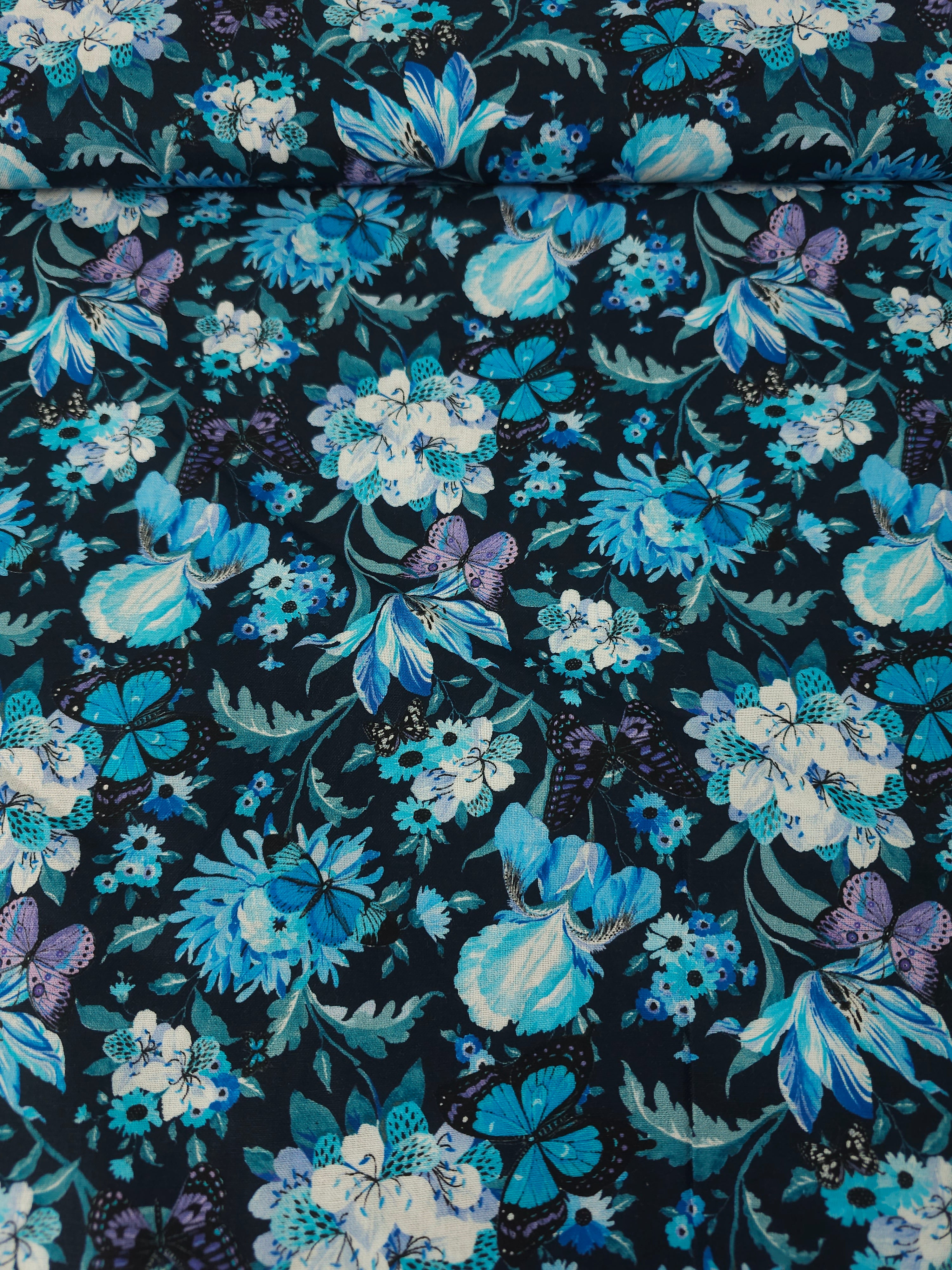 Blue/Purple Midnight Butterfly Floral 100% Cotton