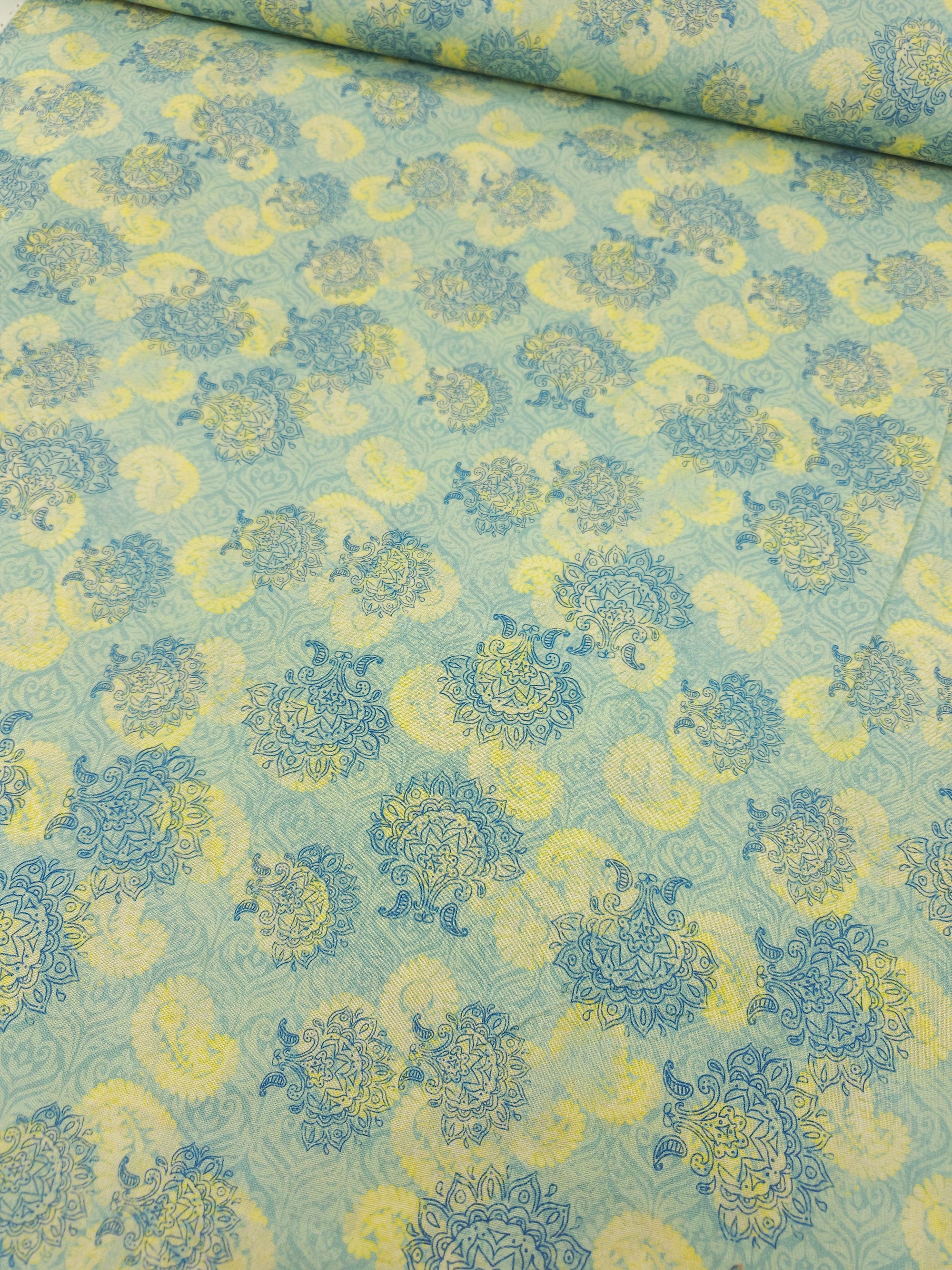 Pale Teal/Yellow Paisley Splodge 100% Cotton