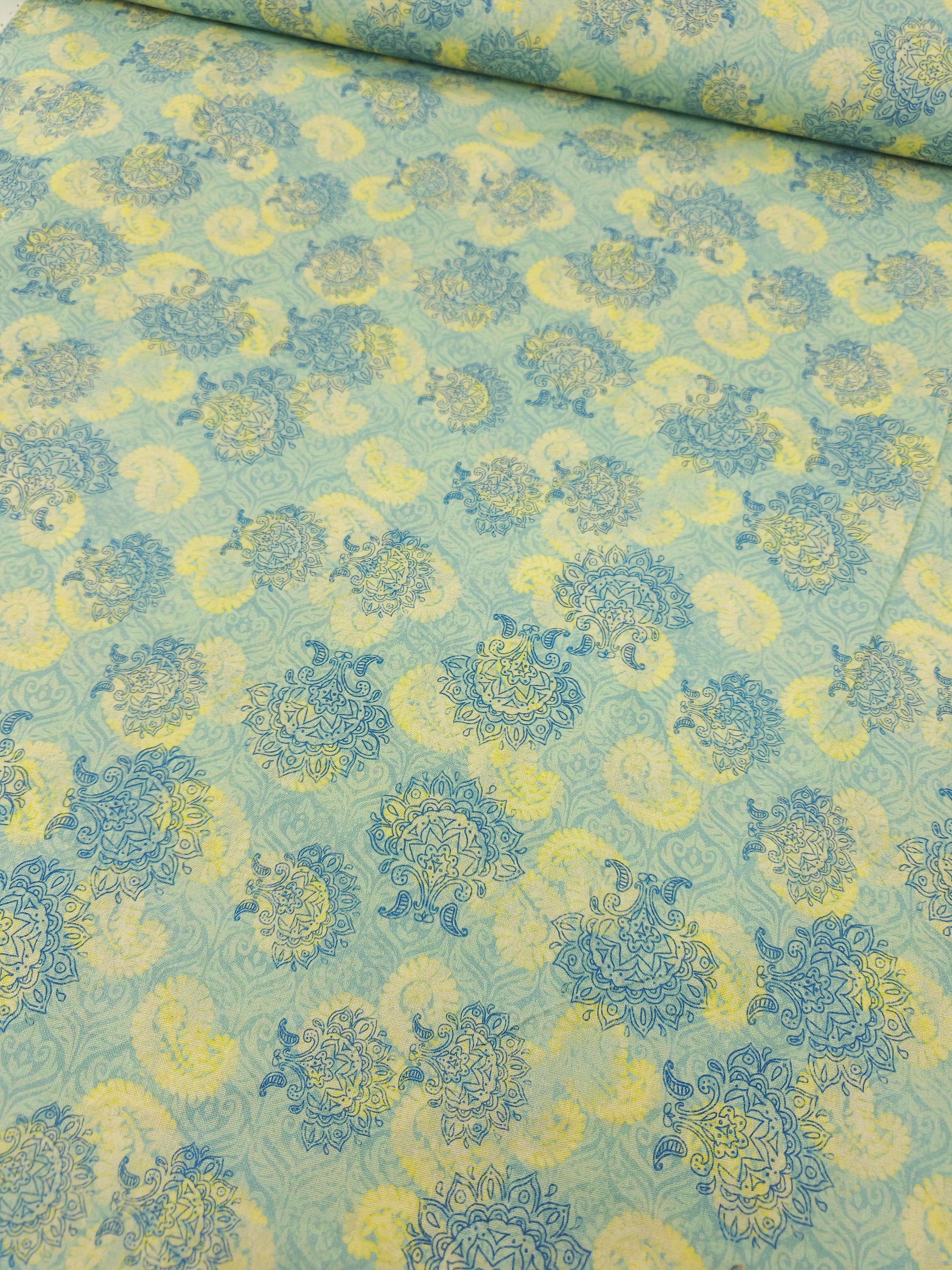 Pale Teal/Yellow Paisley Splodge 100% Cotton