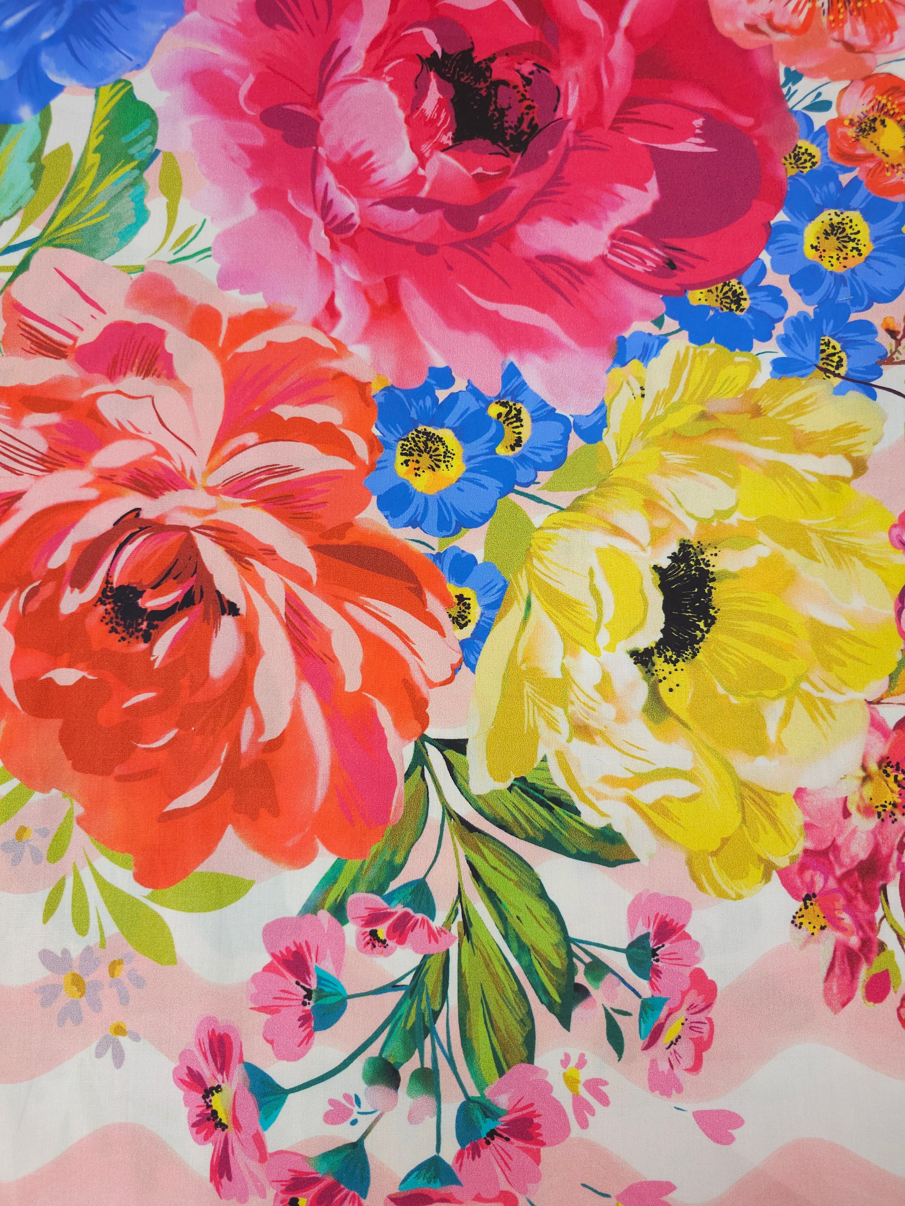 Large Wavy Bloom Floral 100% Cotton 103" *EXTRA WIDE* - 1.42m Panel