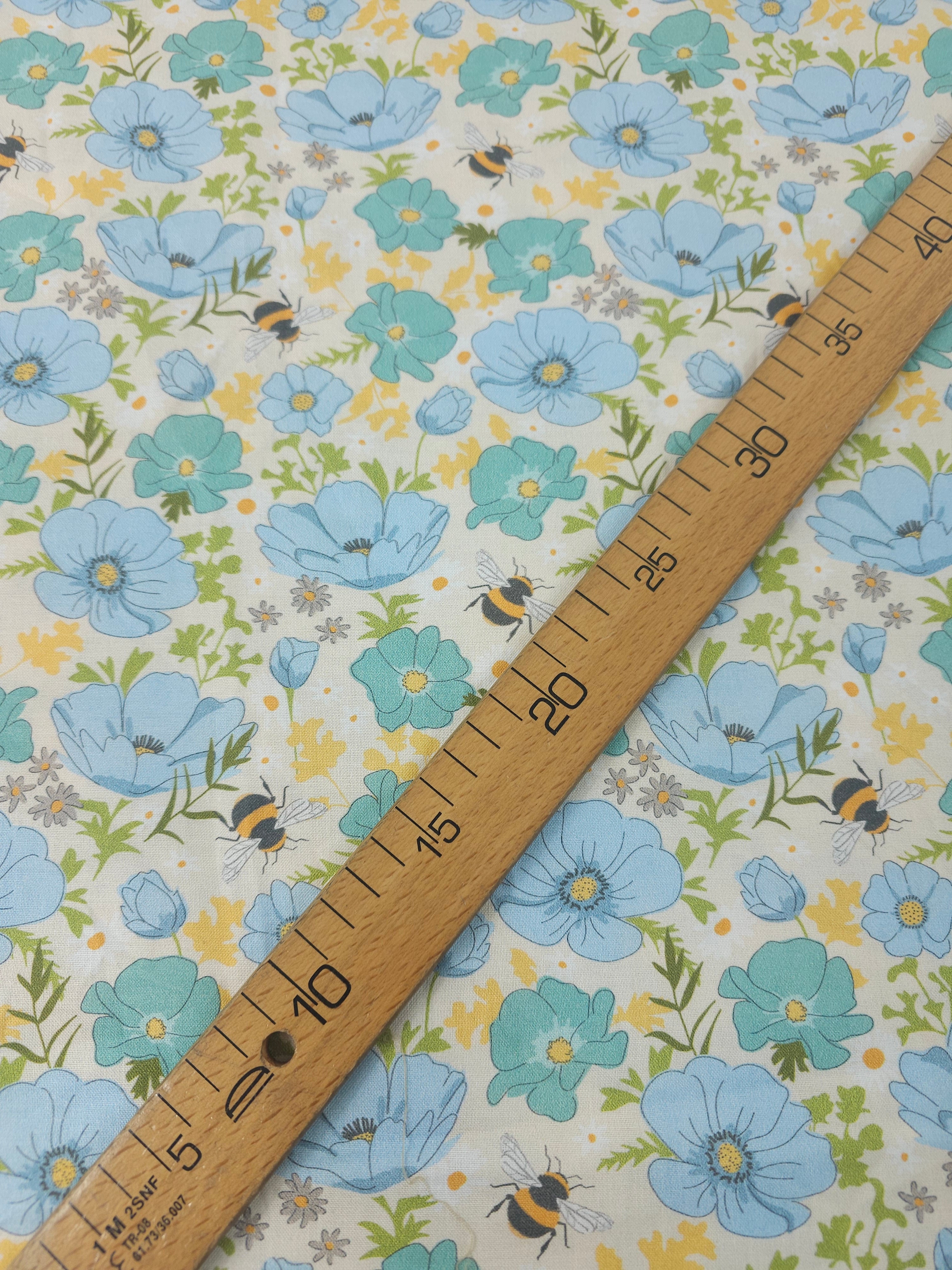 Blue Floral Meadow Bee 100% Cotton