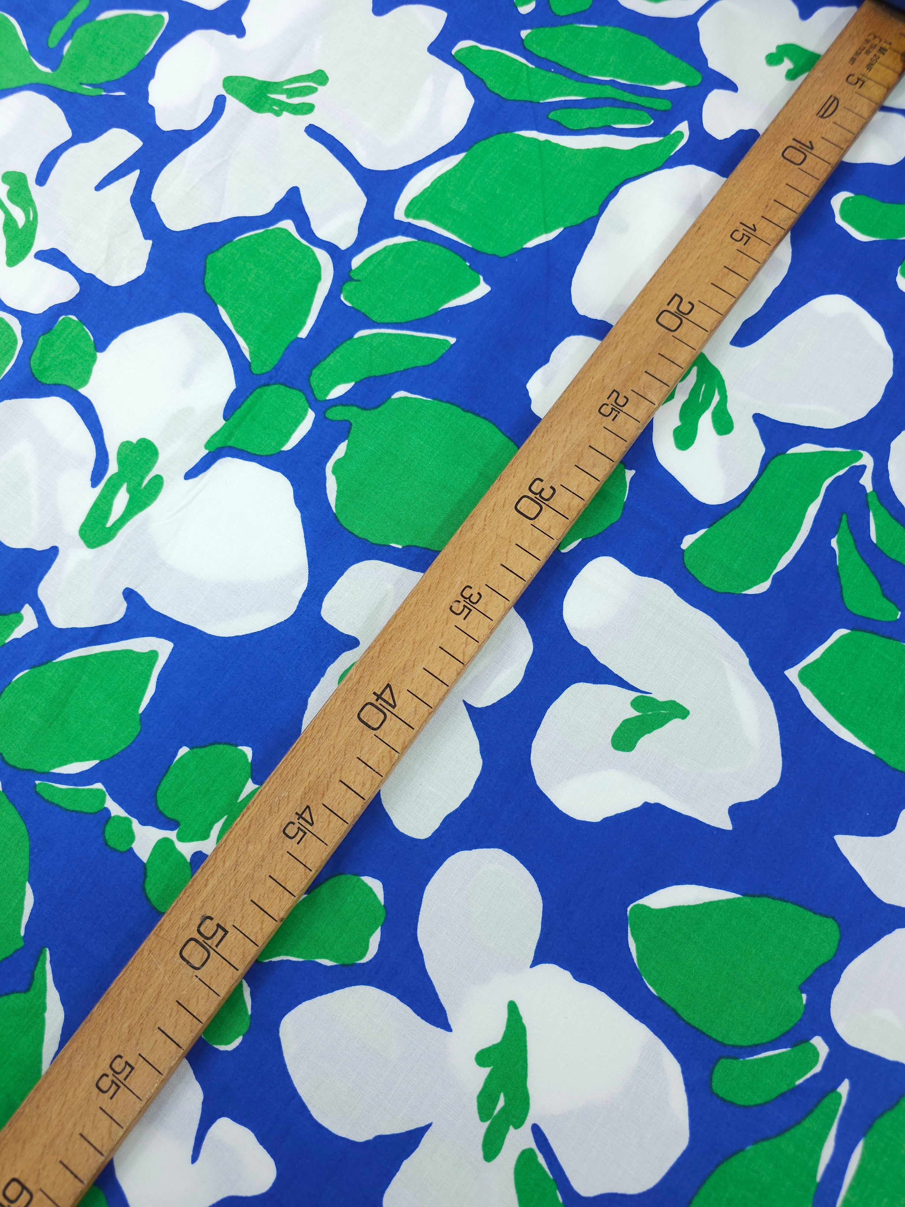 Blue/Green Watercolour Flower Leaf Lightweight Cotton Poplin