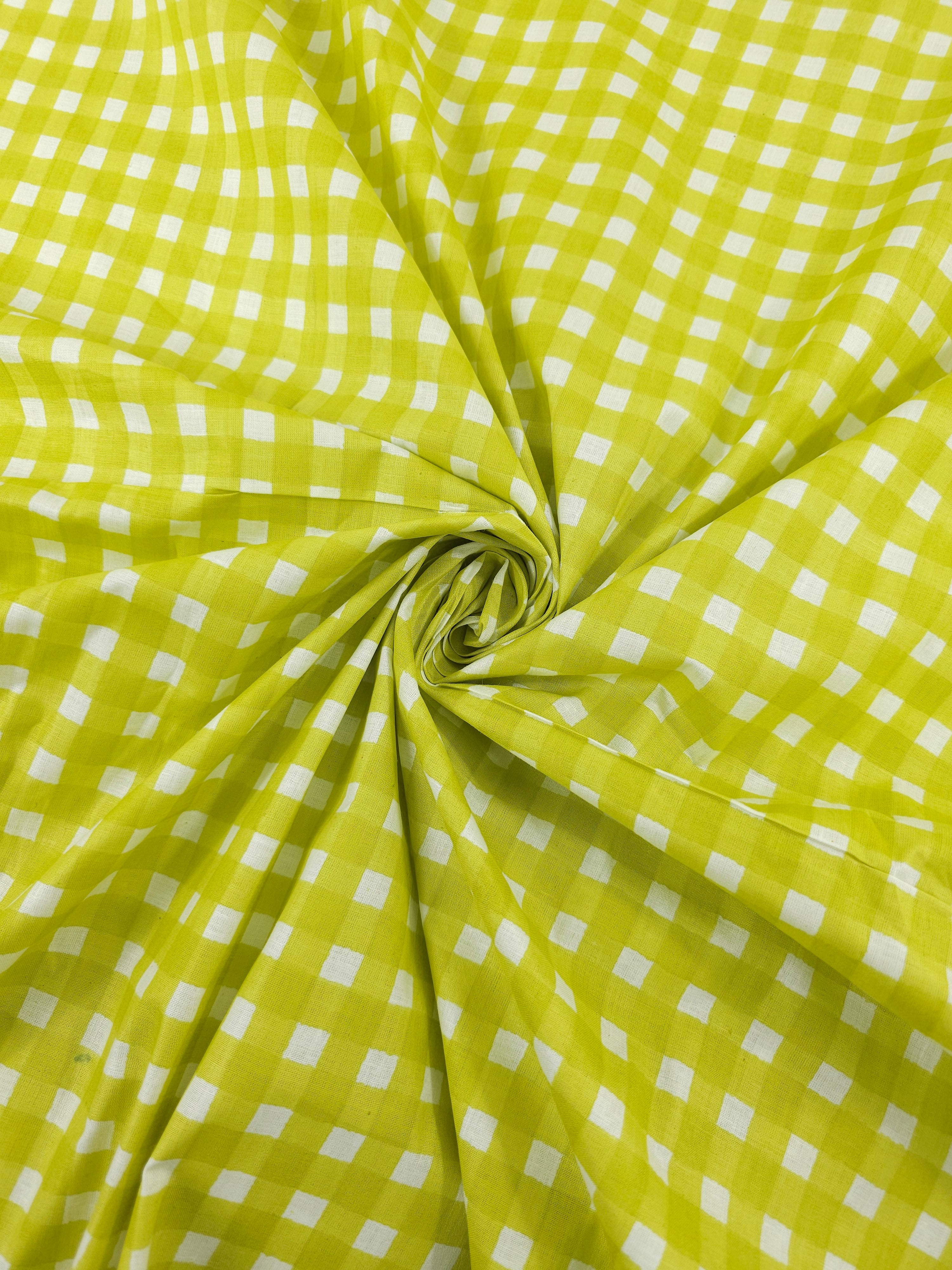 Lime Square Check Block Print Cotton