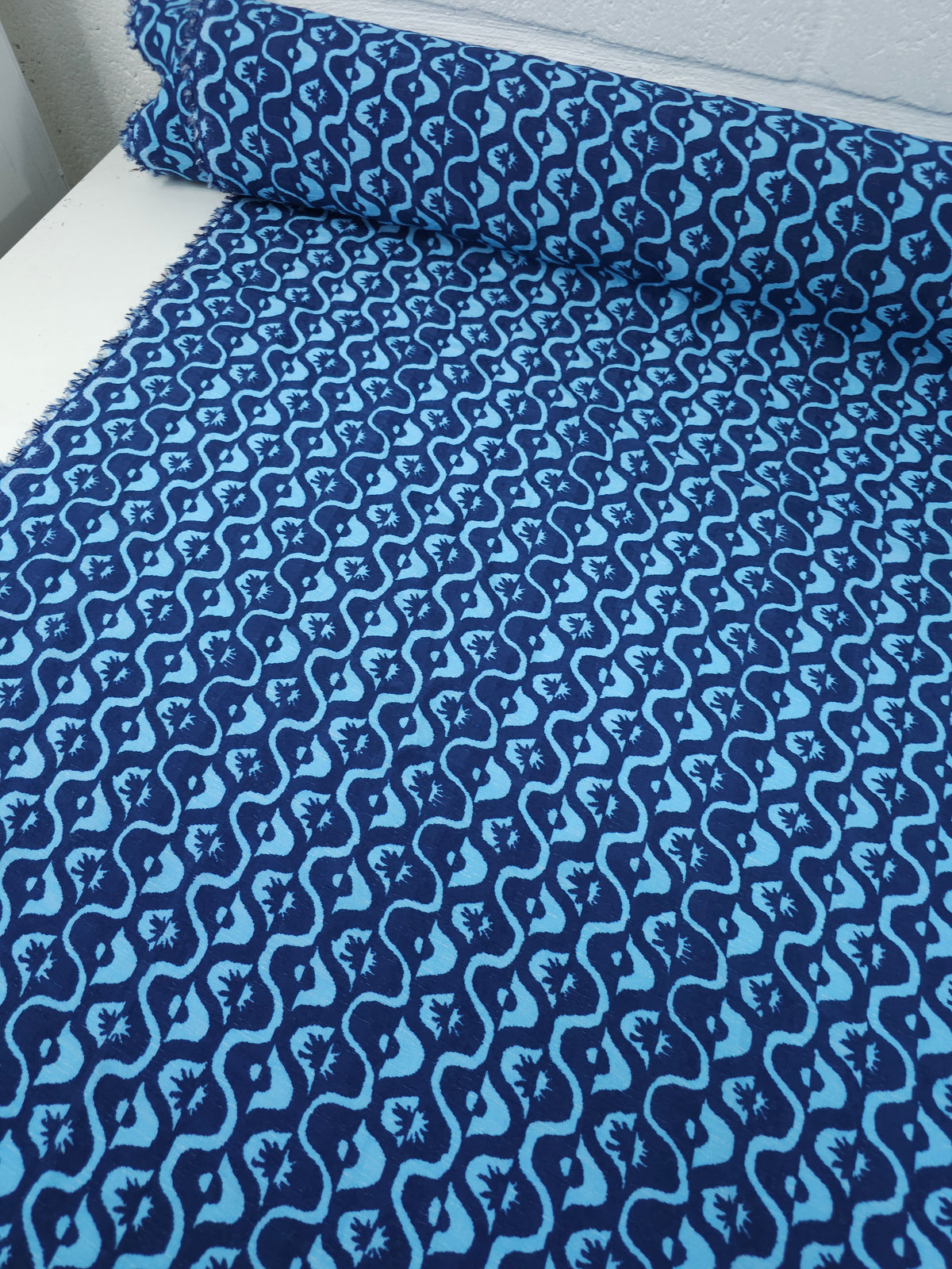 Light/Dark Blue Doodle Sun Wave Crinkle Viscose
