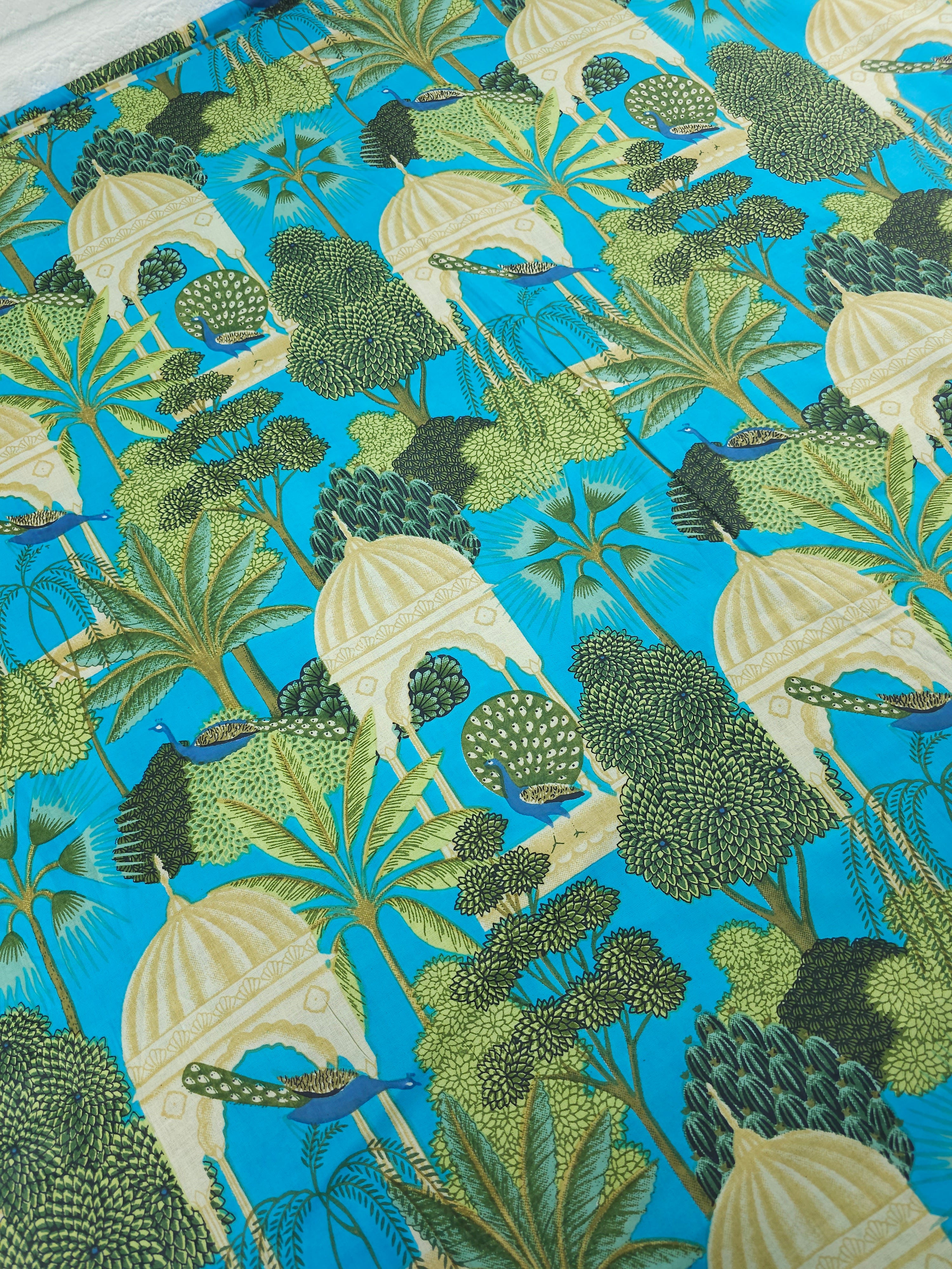 Turquoise Blue Peacock Pavilion Block Print Cotton