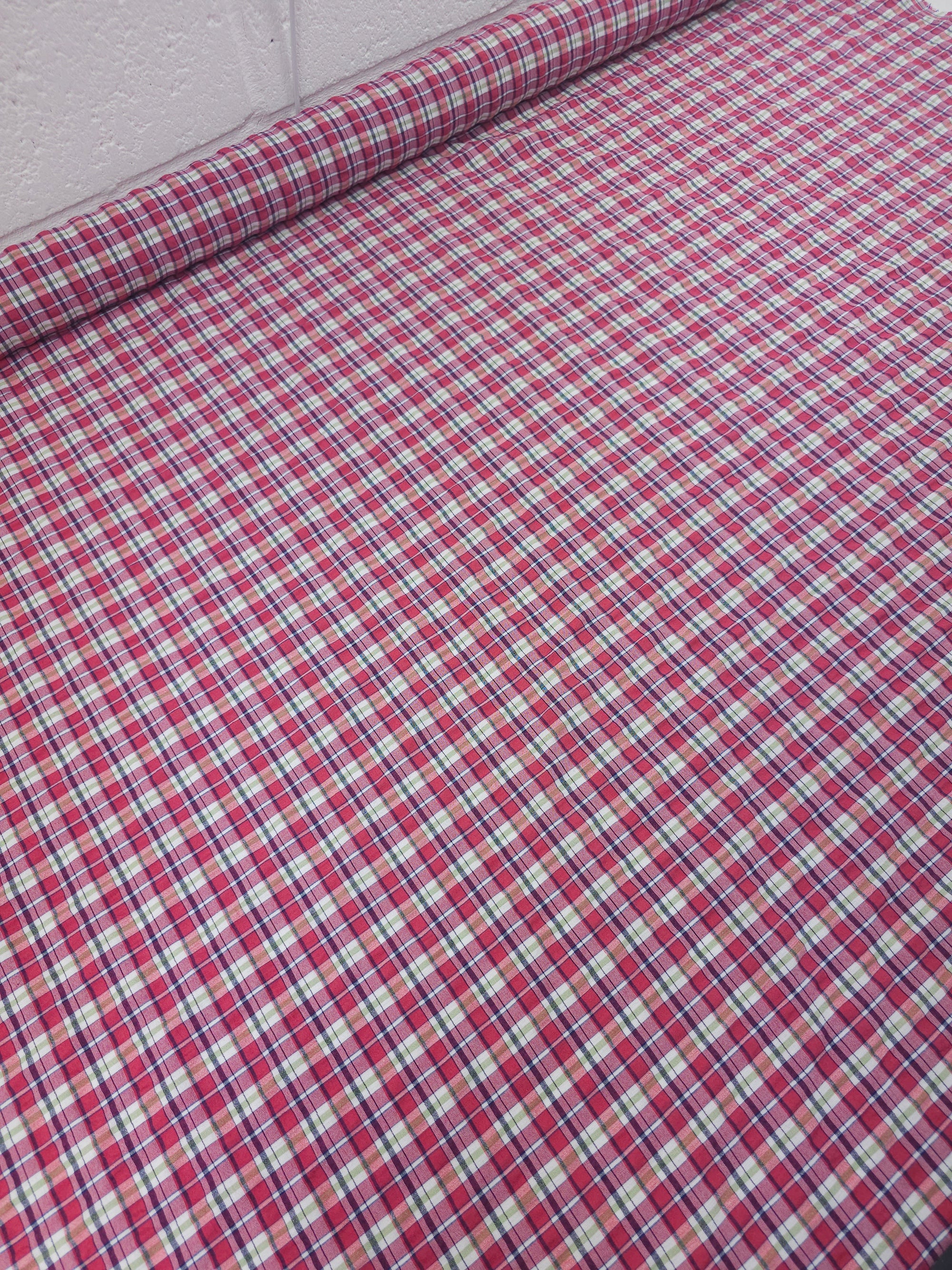 Rose/Green Tartan Crinkle Cotton
