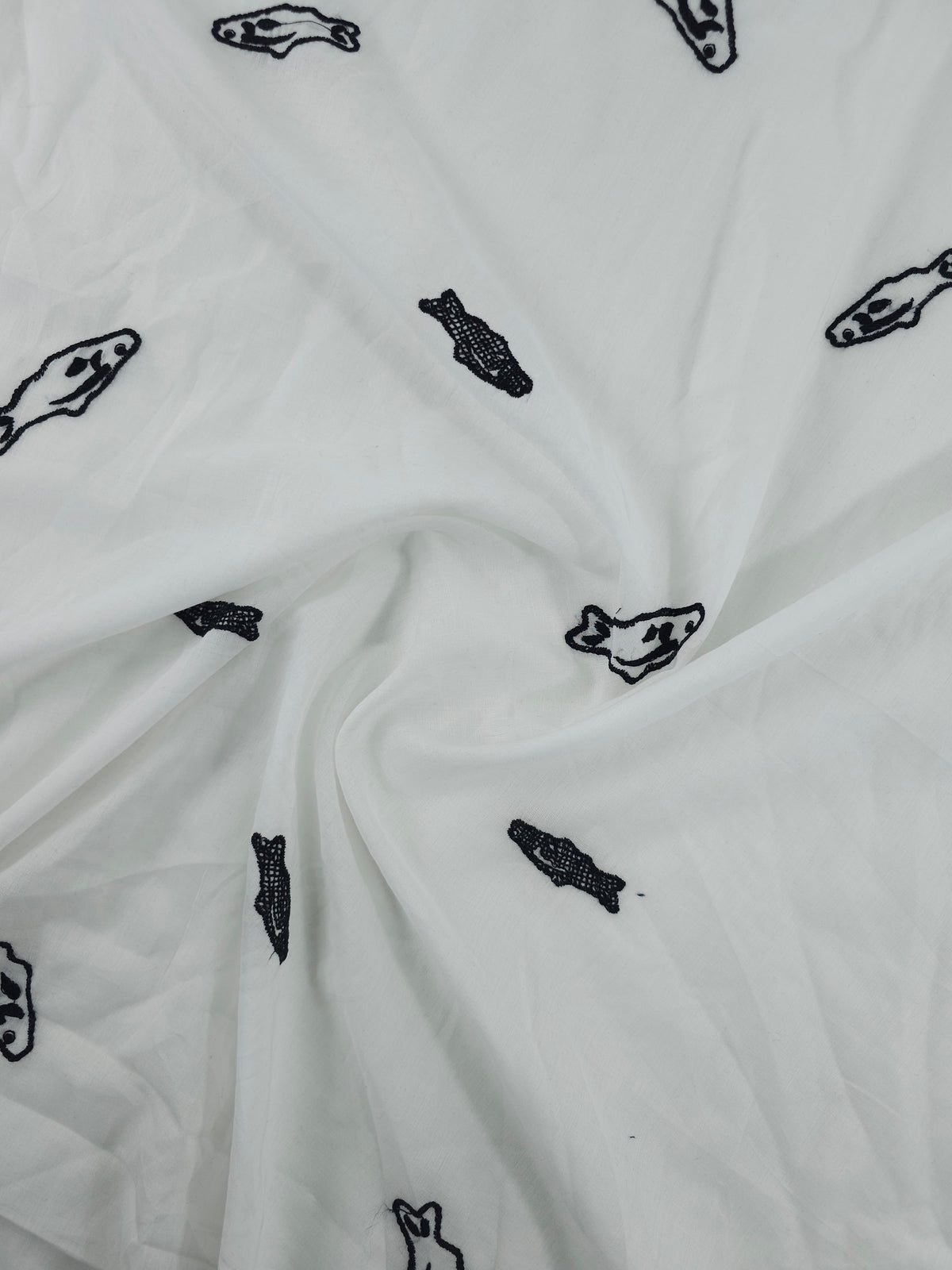 White/Black Embroidered Fish Cotton Voile