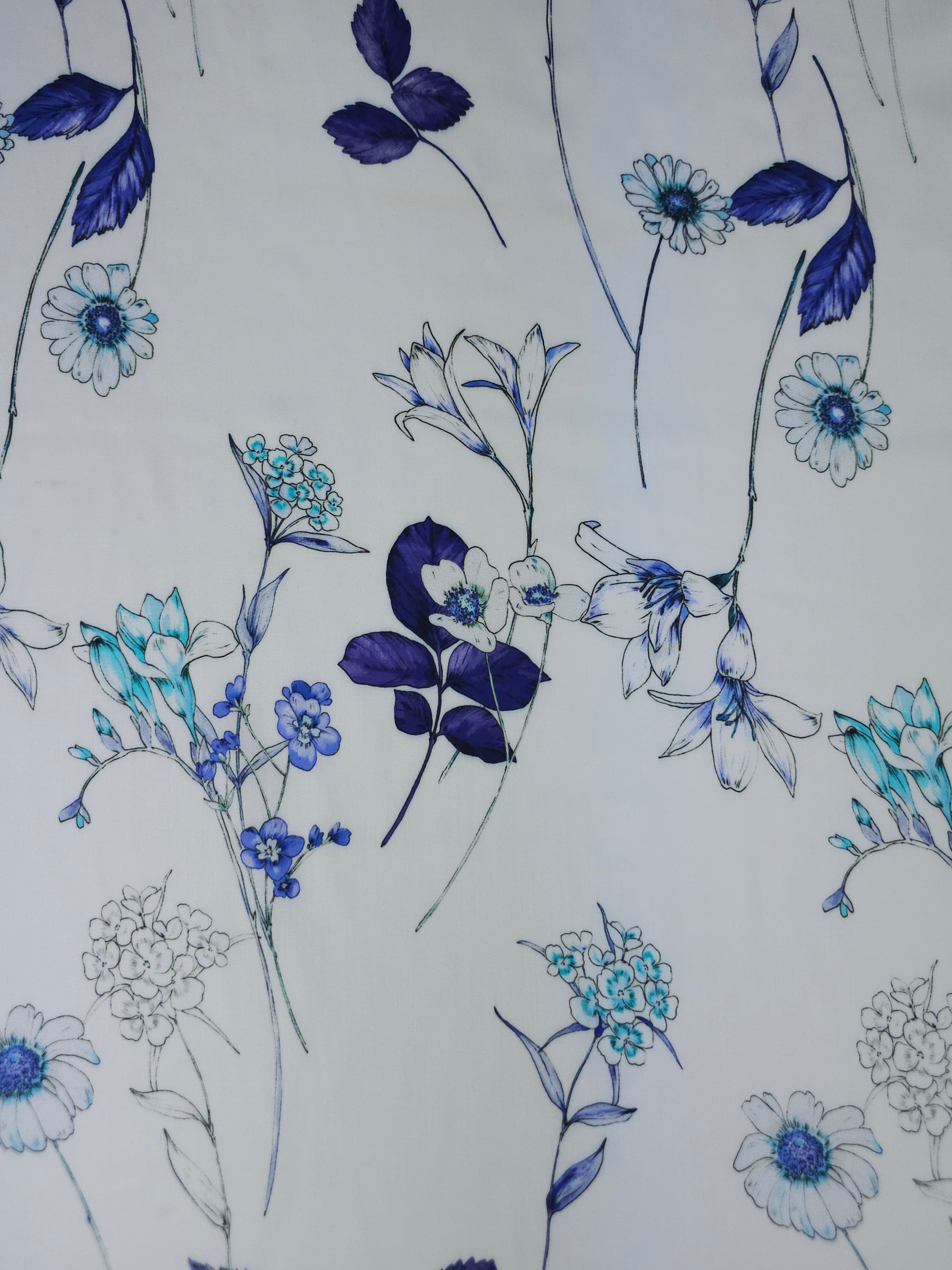 Blue/White Dainty Flower Stem Lightweight Viscose Satin