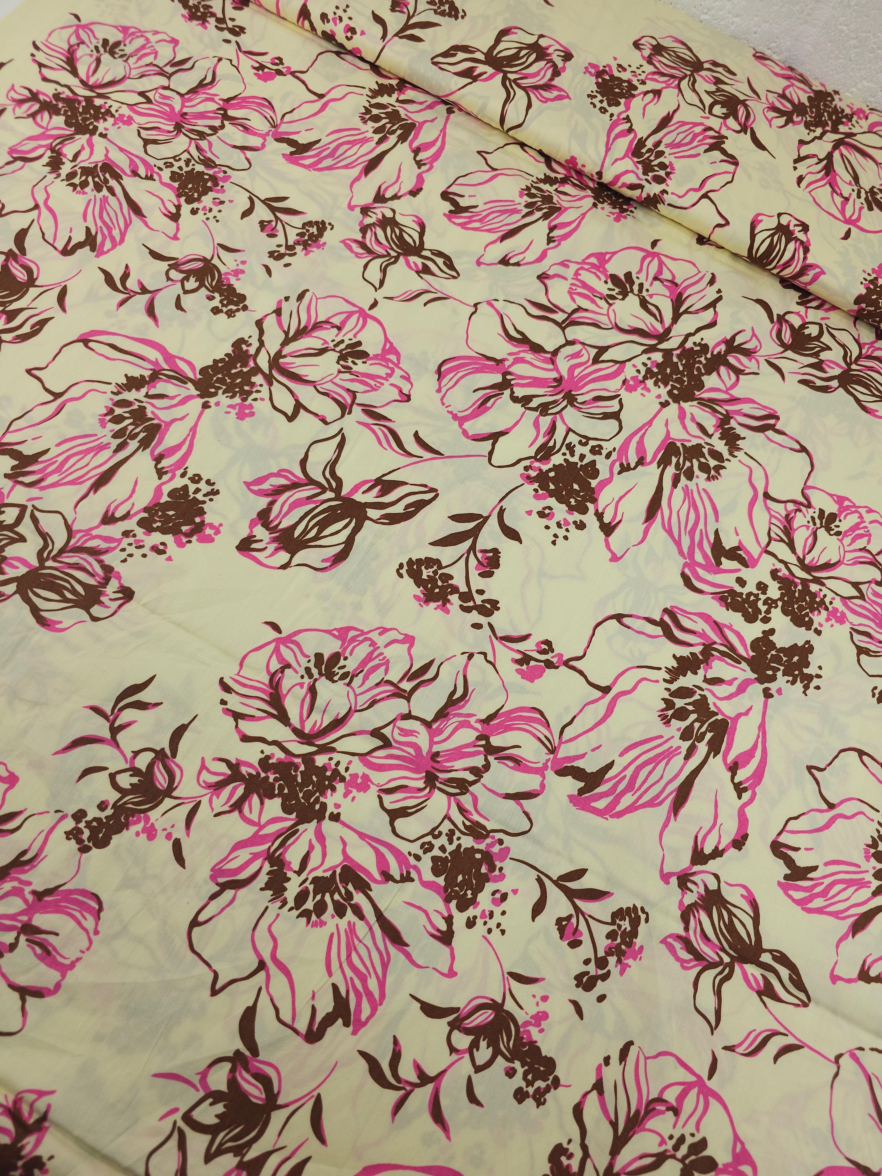 Pink/Brown On Creamy Yellow Sketch Wildflower Cotton Satin 60"