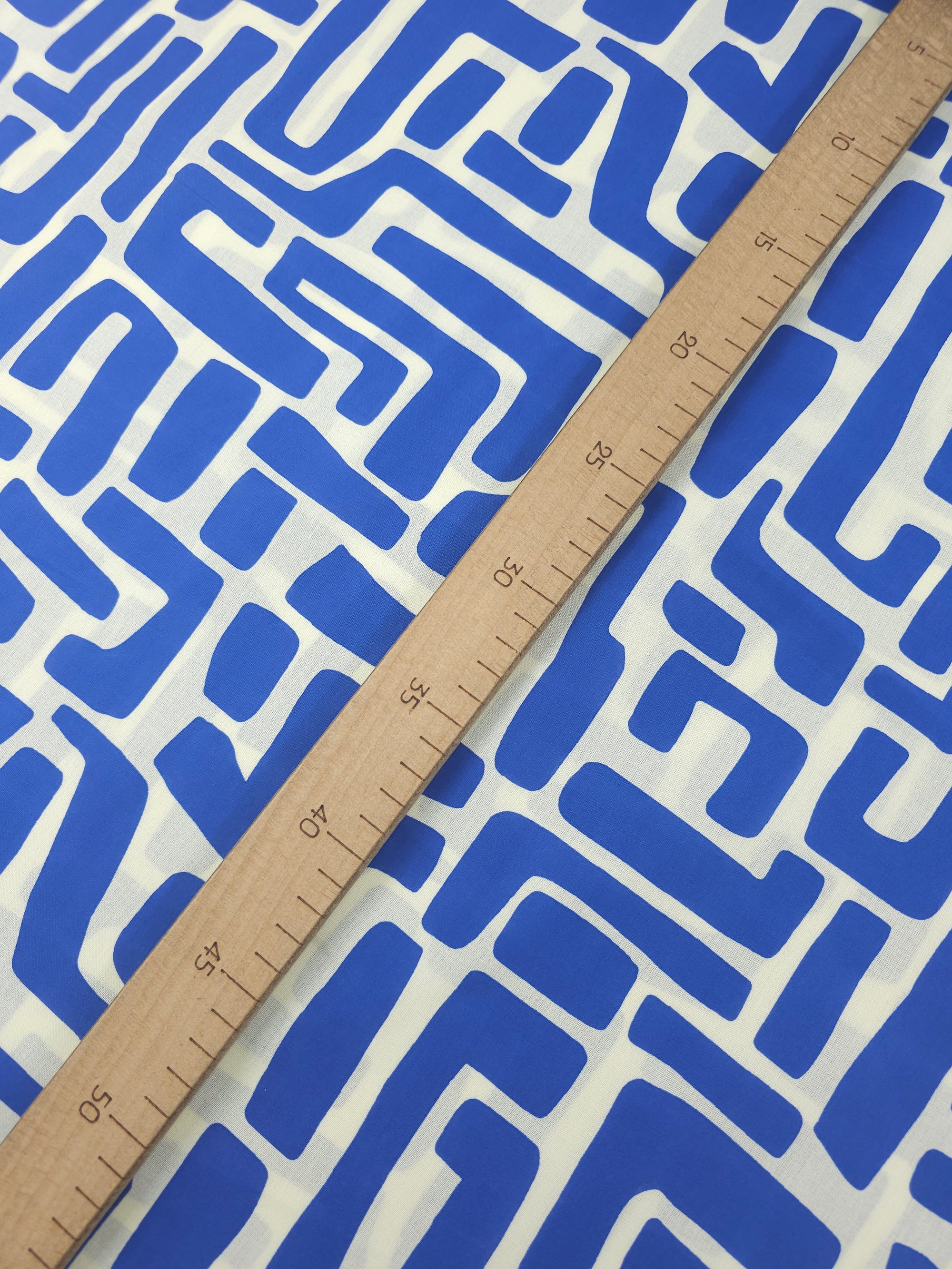 Blue/Ivory Cream Abstract Maze Coated Cotton 60"
