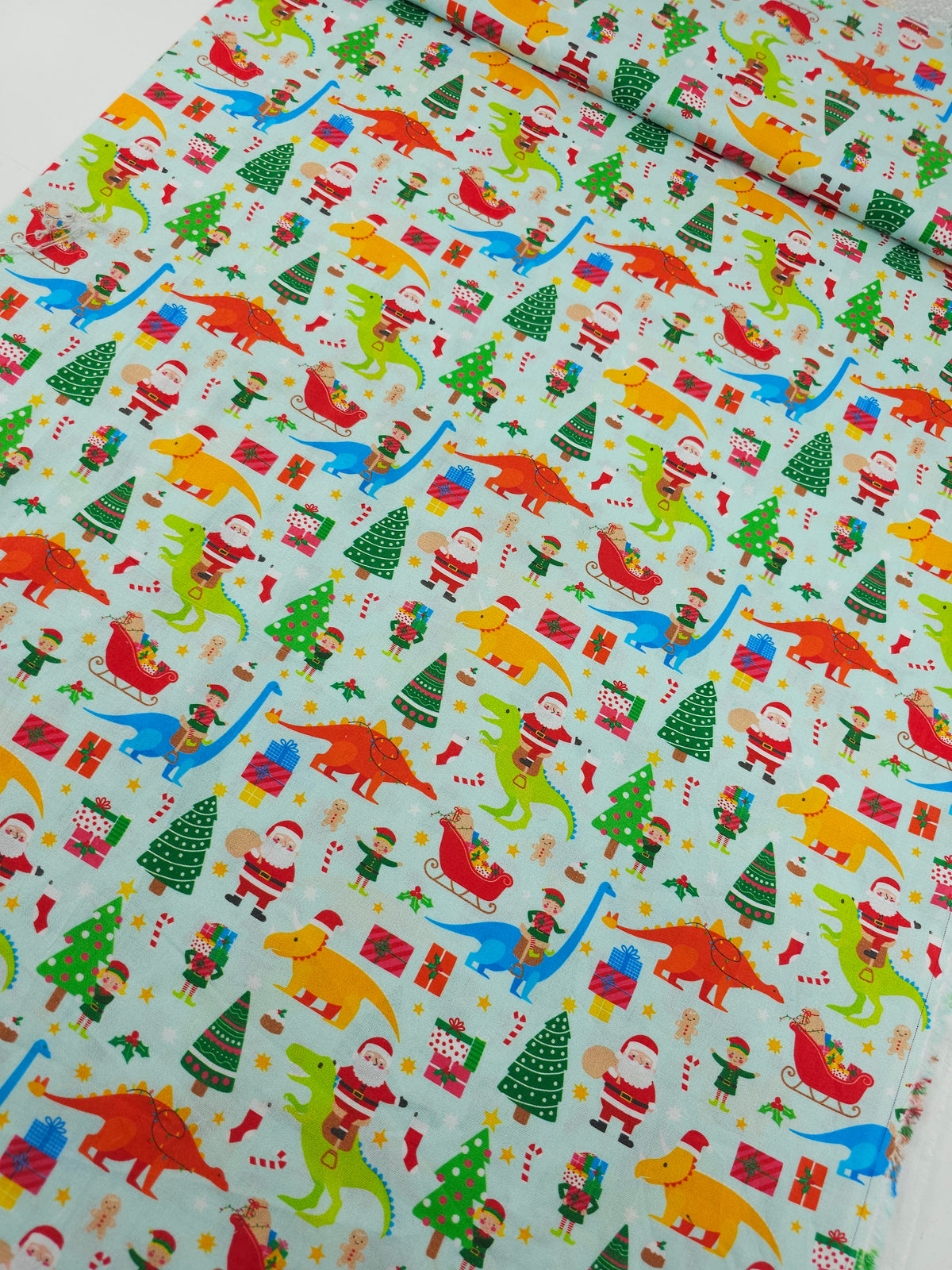 Light Blue Dino Santa Christmas 100% Cotton