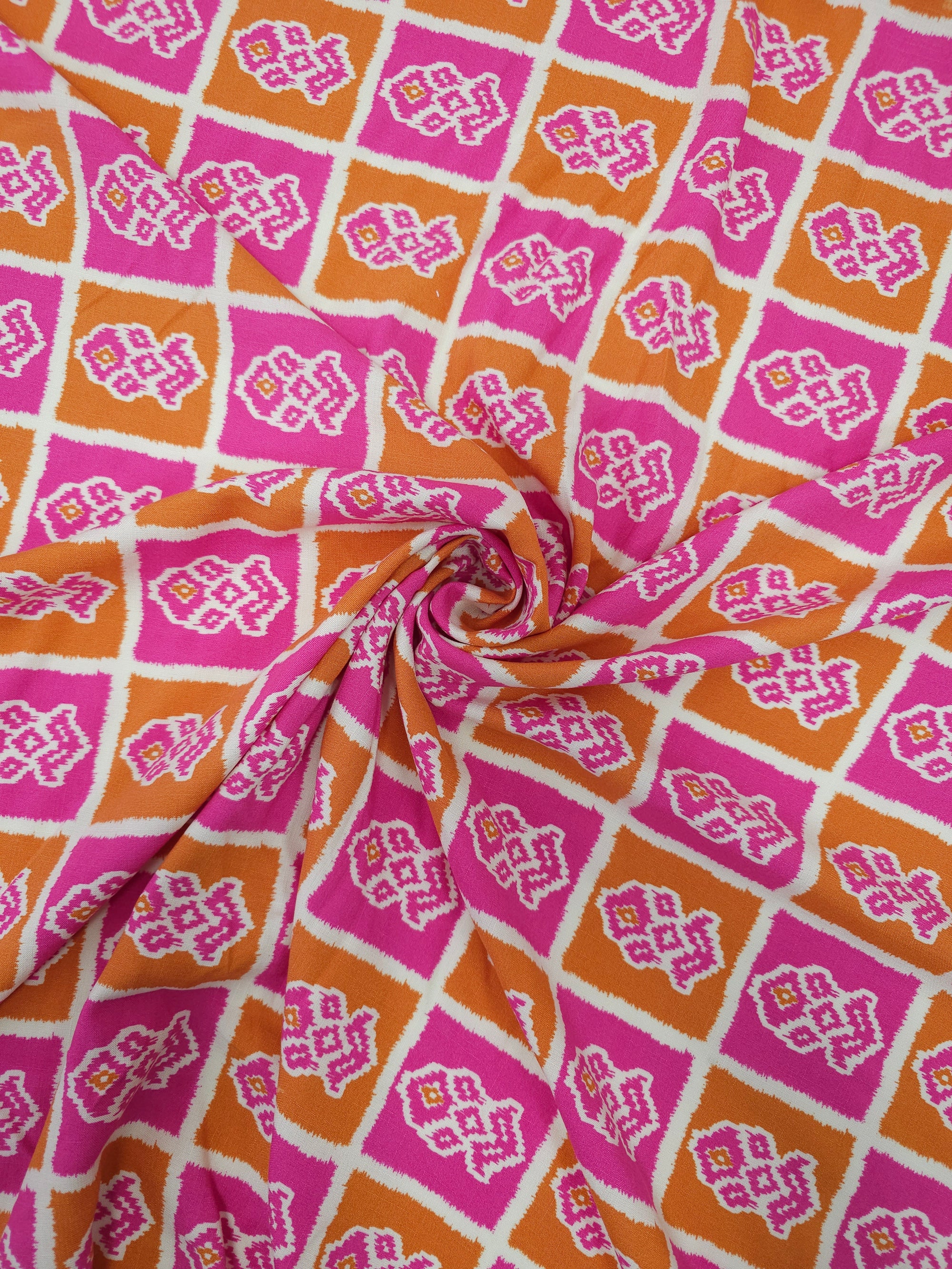 Pink/Orange Abstract Ikat Viscose Challis