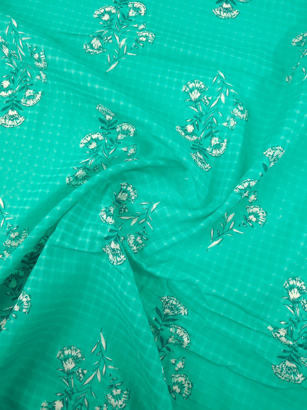 Aqua Green Floral Stem Grid Cambric Cotton