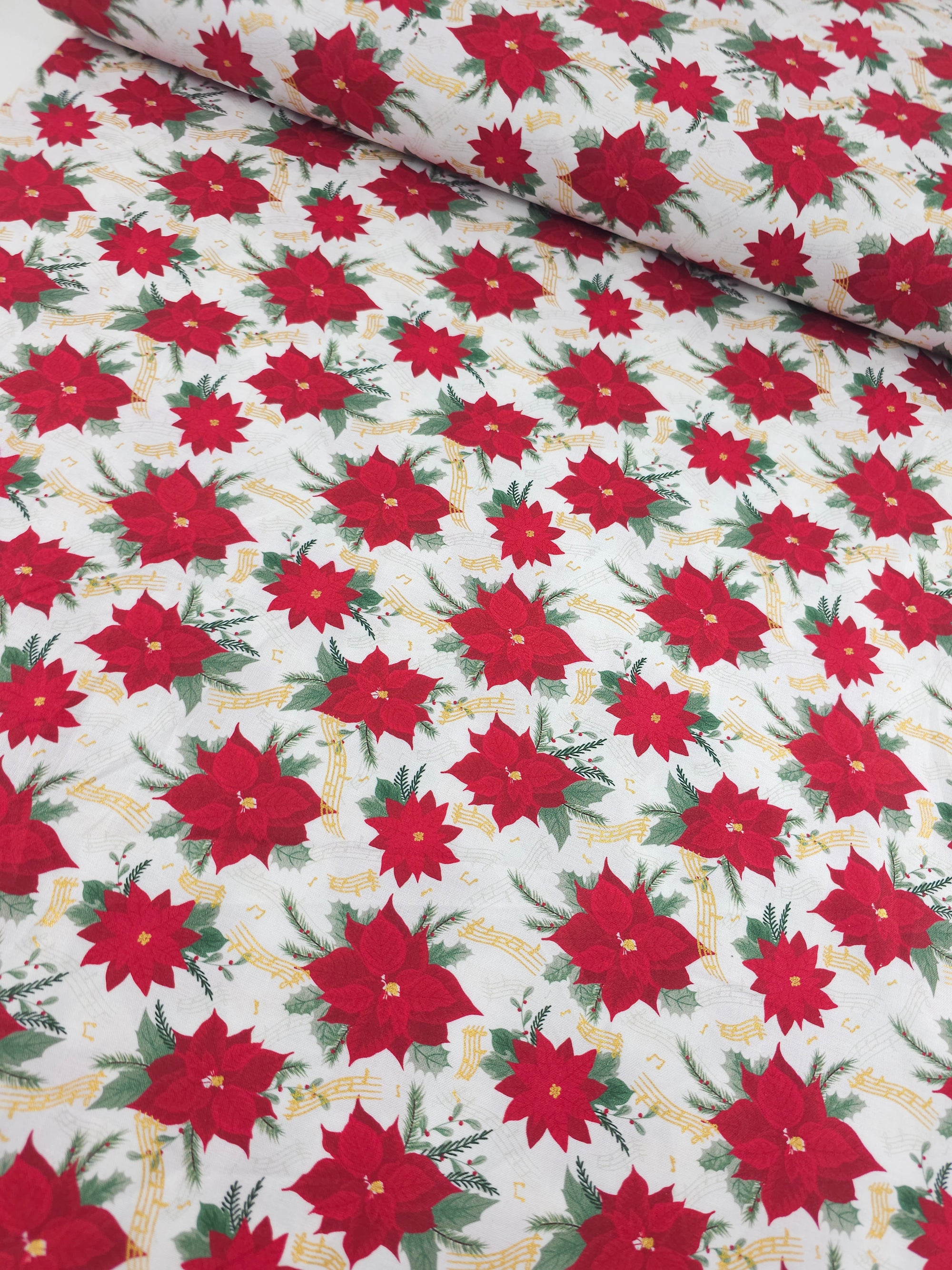 Red/White Musical Poinsettia Floral 100% Cotton