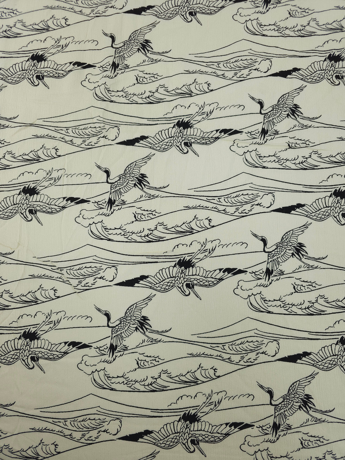 Creamy Ivory/Black Japanese Crane Crinkle Viscose